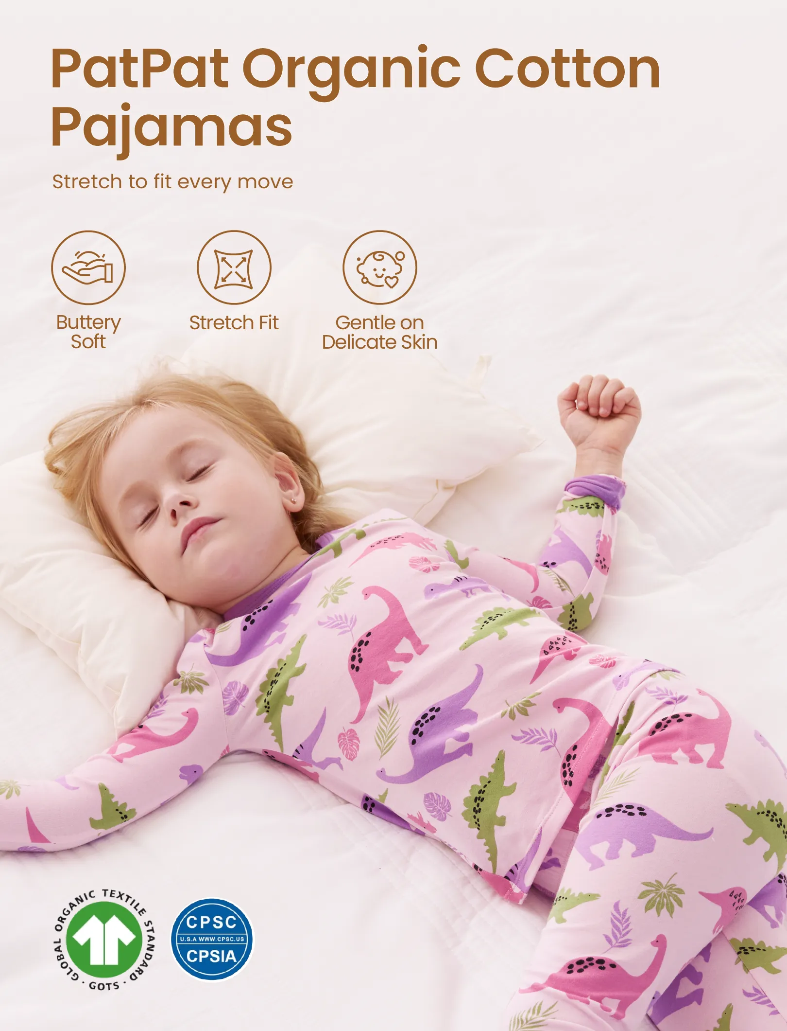 Toddler / Kids 2-piece Organic Cotton Pajamas with Childlike Print Snug fit Pjs for Girls / Boys Pink - Image 3