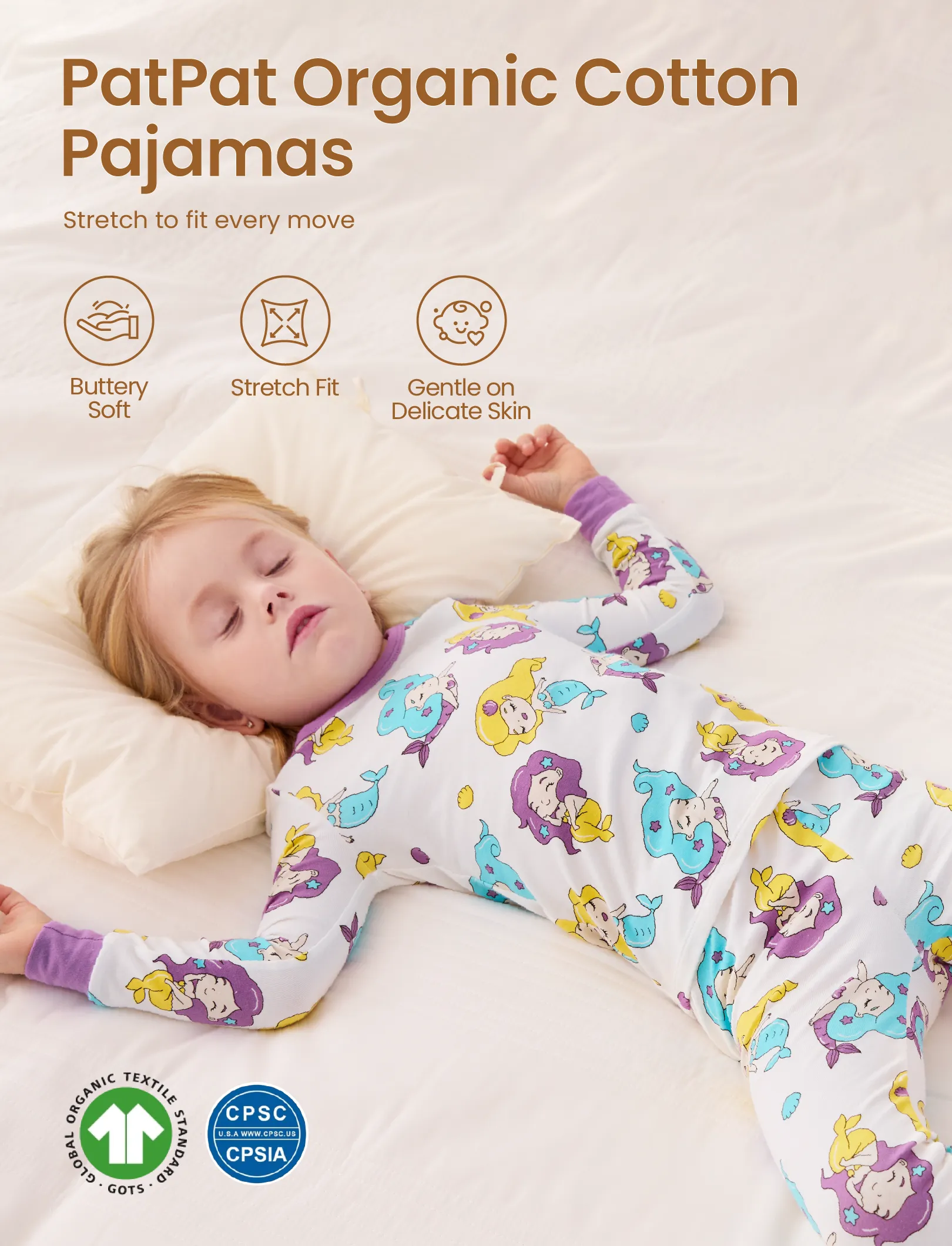 Toddler / Kids 2-piece Organic Cotton Pajamas with Childlike Print Snug fit Pjs for Girls / Boys White - Image 3