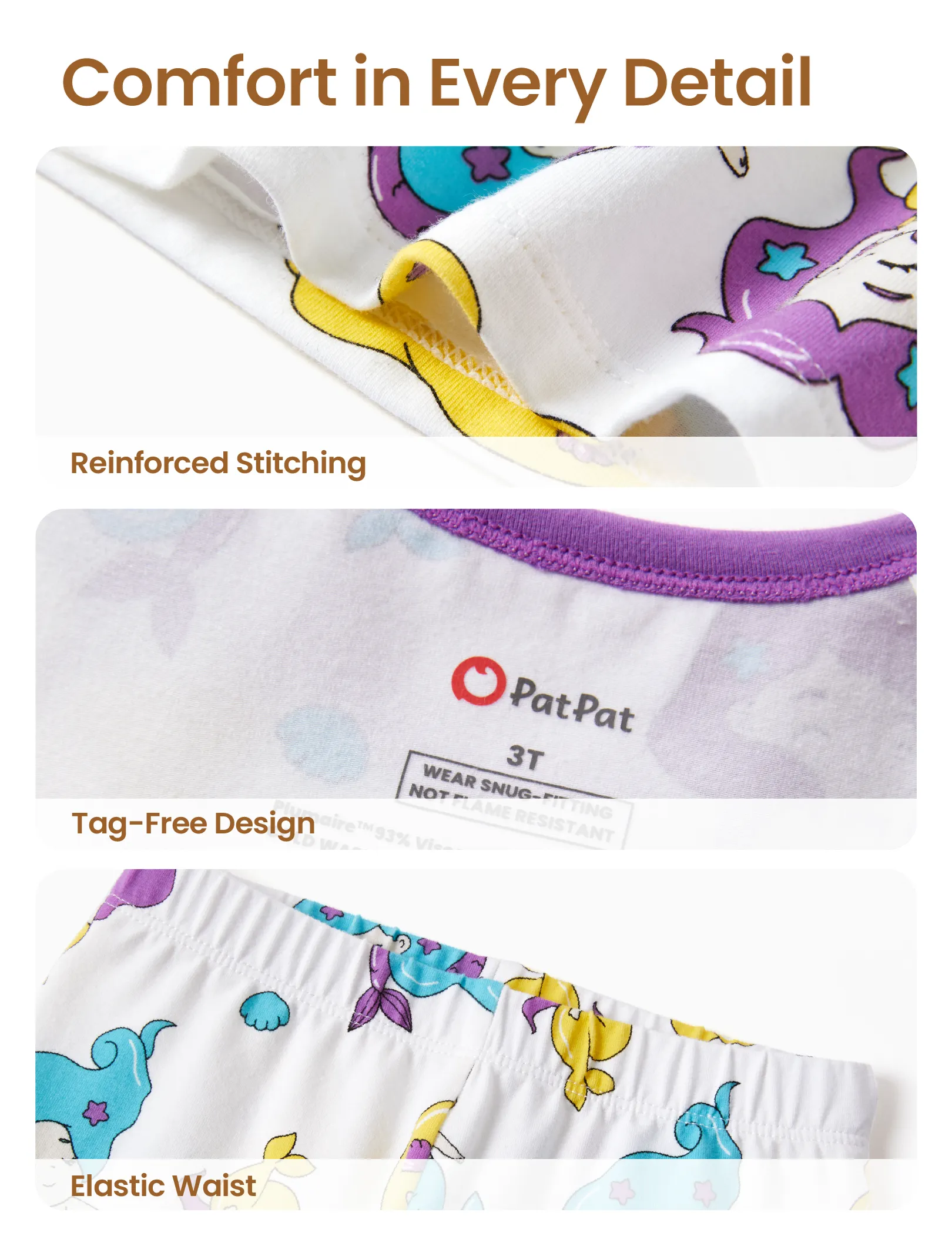 Toddler / Kids 2-piece Organic Cotton Pajamas with Childlike Print Snug fit Pjs for Girls / Boys White - Image 6