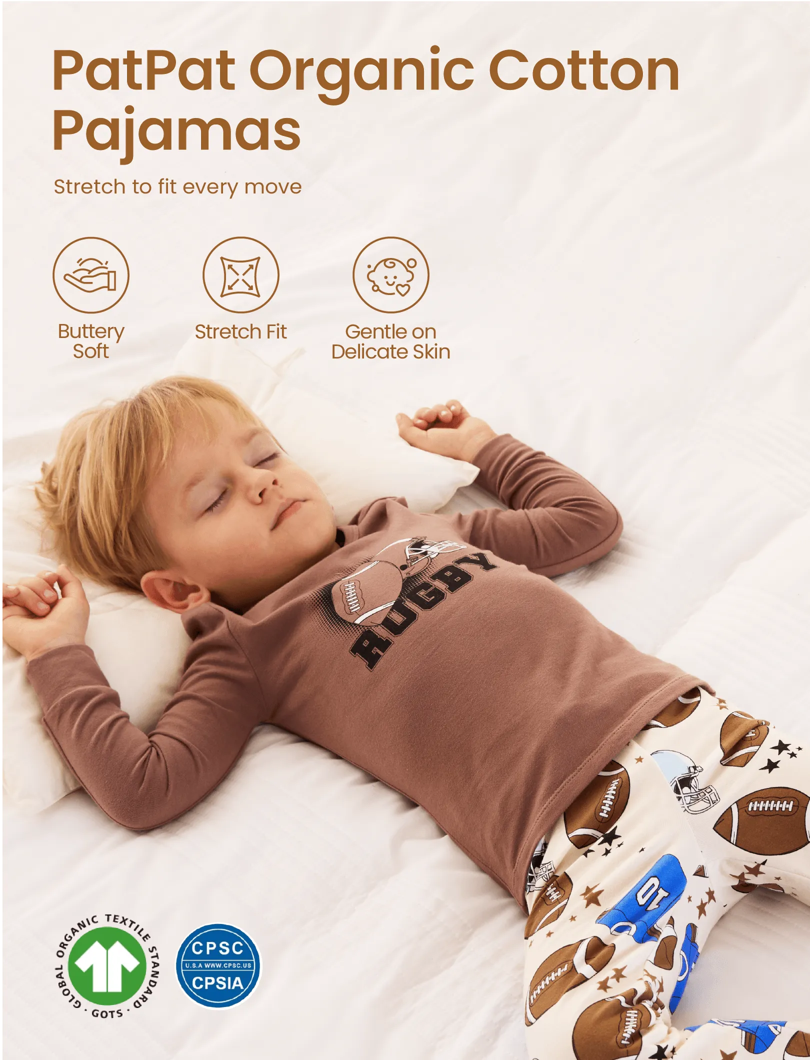 Toddler / Kids 4-piece Organic Cotton Pajamas 4-in 1 PJ Snug fit Pjs for Girls / Boys Brown - Image 5