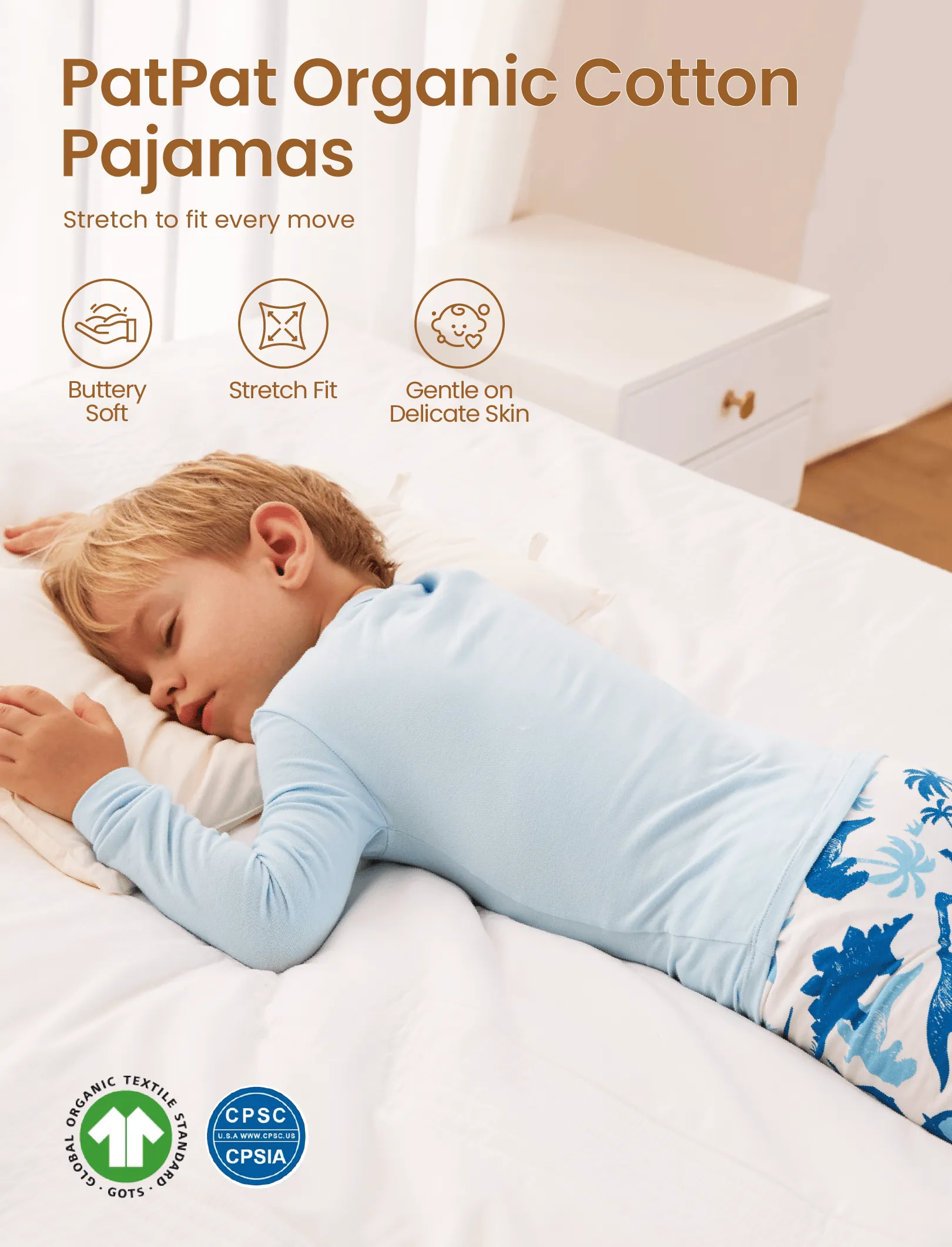 Toddler / Kids 4-piece Organic Cotton Pajamas 4-in 1 PJ Snug fit Pjs for Girls / Boys Light Blue - Image 5