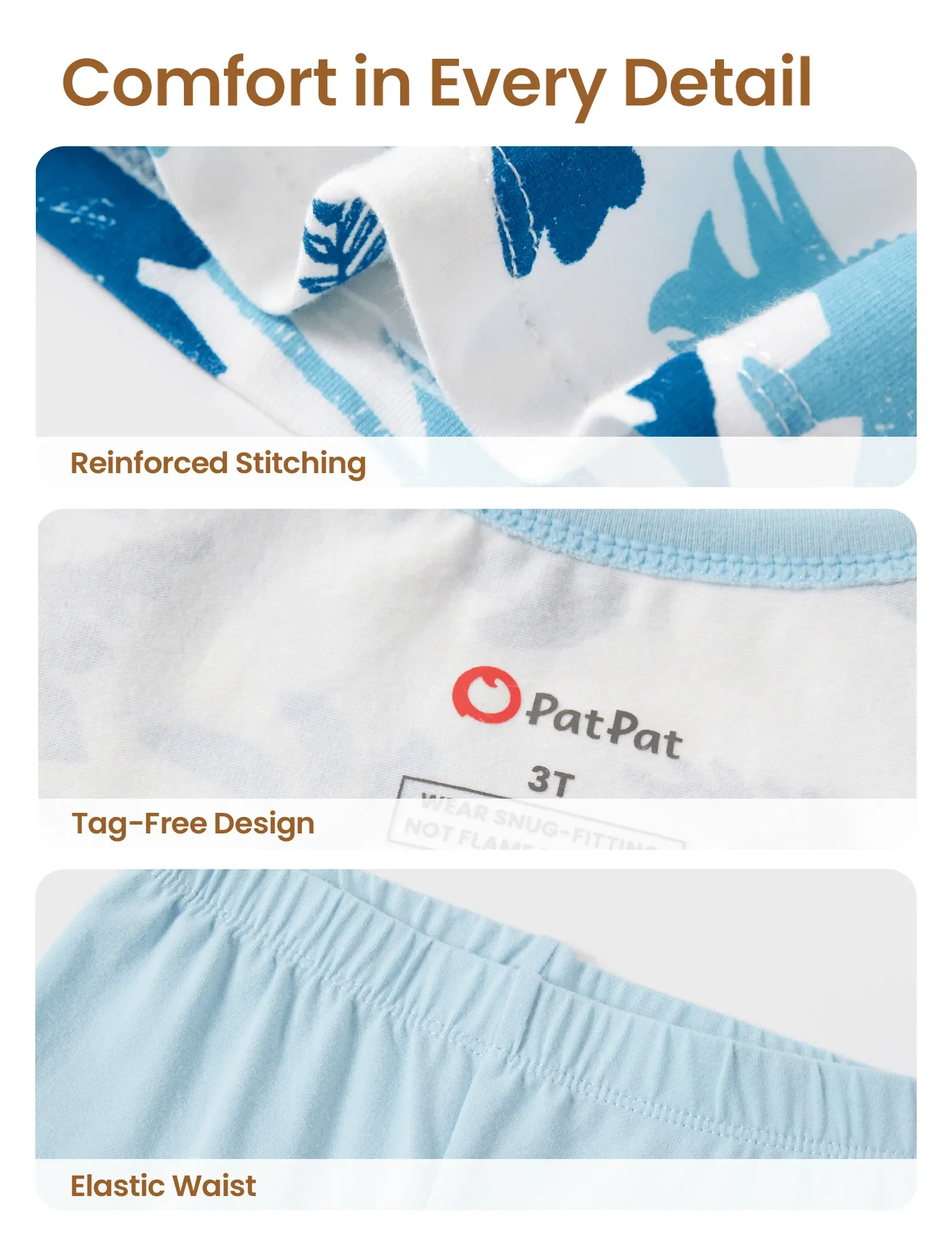 Toddler / Kids 4-piece Organic Cotton Pajamas 4-in 1 PJ Snug fit Pjs for Girls / Boys Light Blue - Image 8