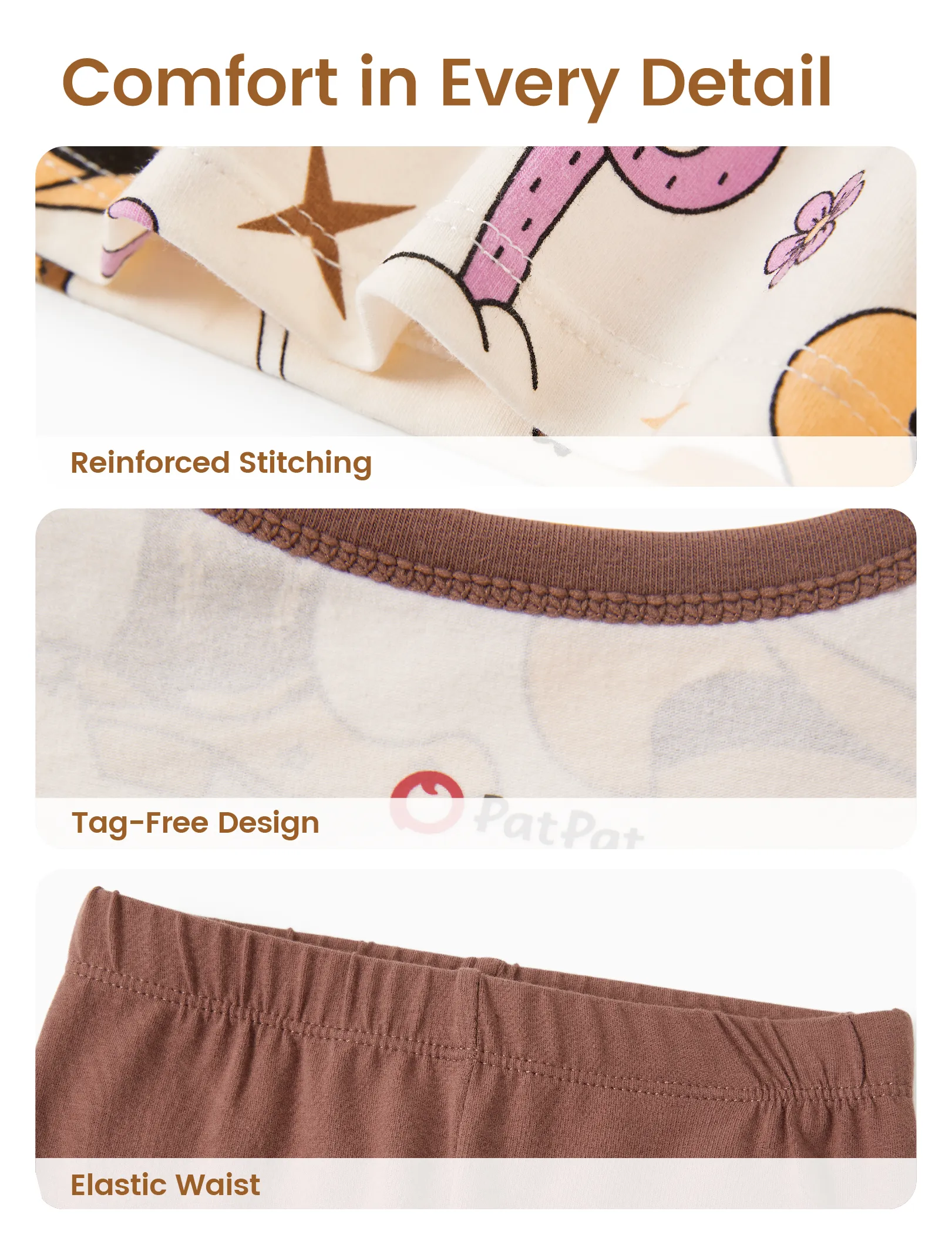 Toddler / Kids 4-piece Organic Cotton Pajamas 4-in 1 Snug fit PaJama Set for Girls Brown - Image 7