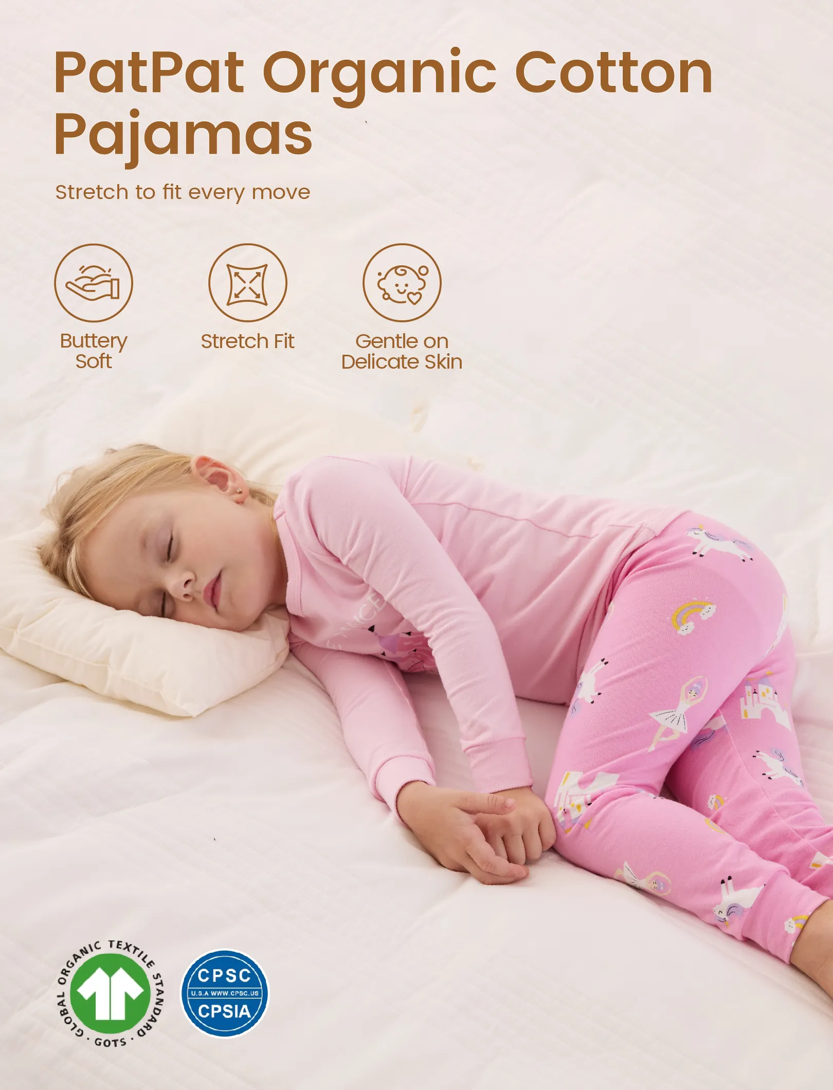 Toddler / Kids 4-piece Organic Cotton Pajamas 4-in 1 Snug fit PaJama Set for Girls Pink - Image 4