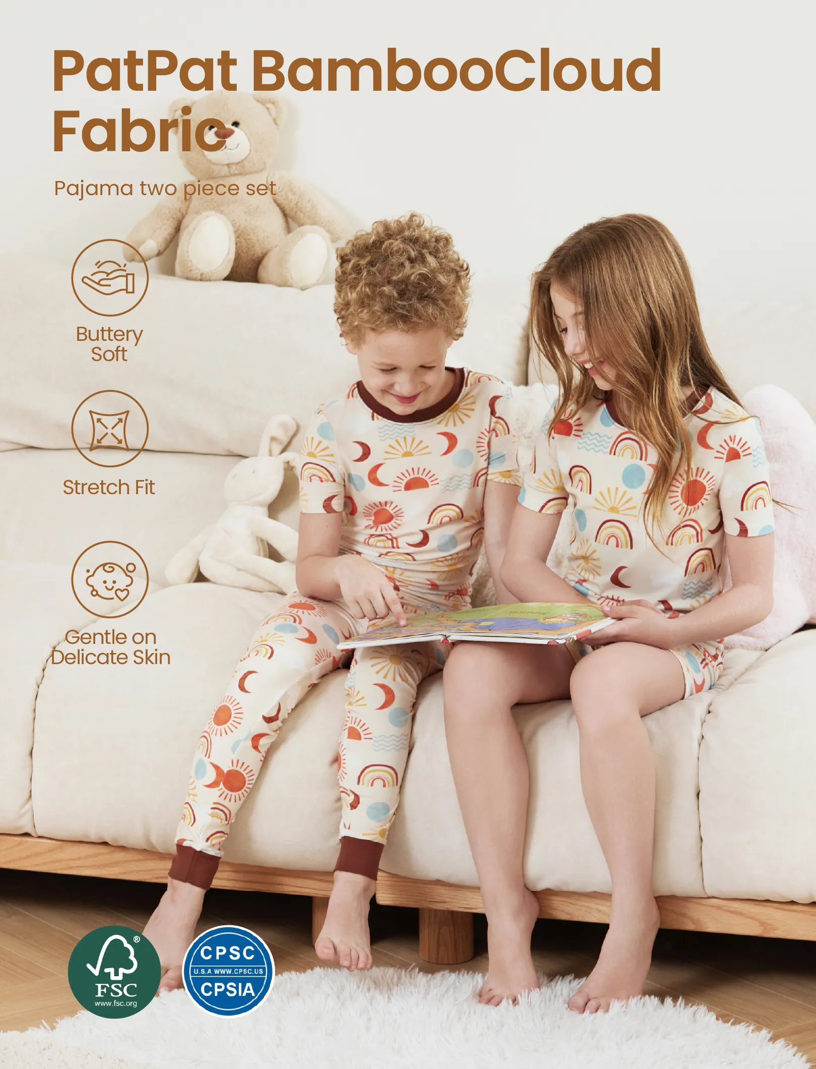 Toddler / Kids Christmas / Halloween Pajamas 3-Piece Bamboo Pajama Set 2-in-1 Look for 4 Seasons (Snug-Fitting) Apricot - Image 4