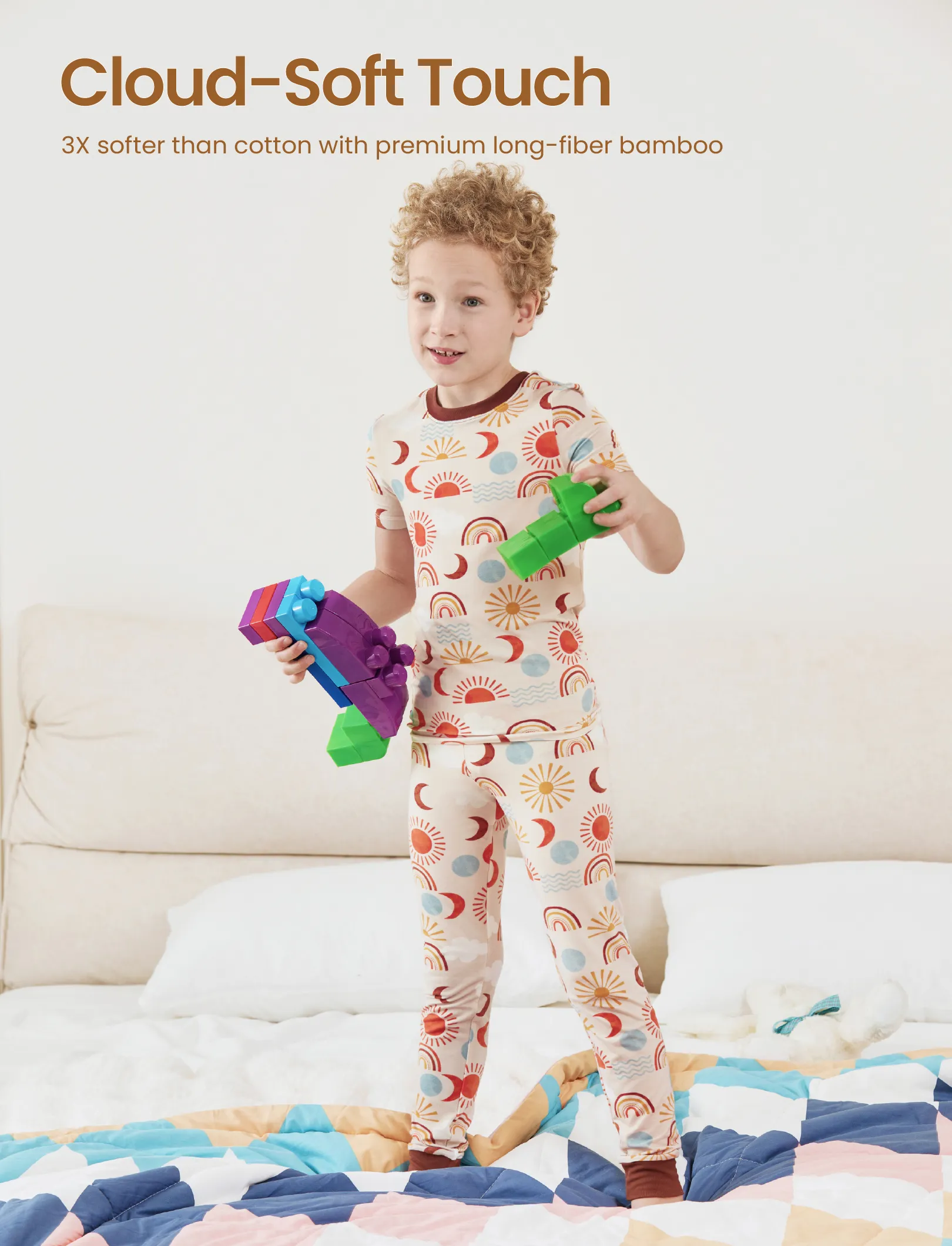Toddler / Kids Christmas / Halloween Pajamas 3-Piece Bamboo Pajama Set 2-in-1 Look for 4 Seasons (Snug-Fitting) Apricot - Image 5