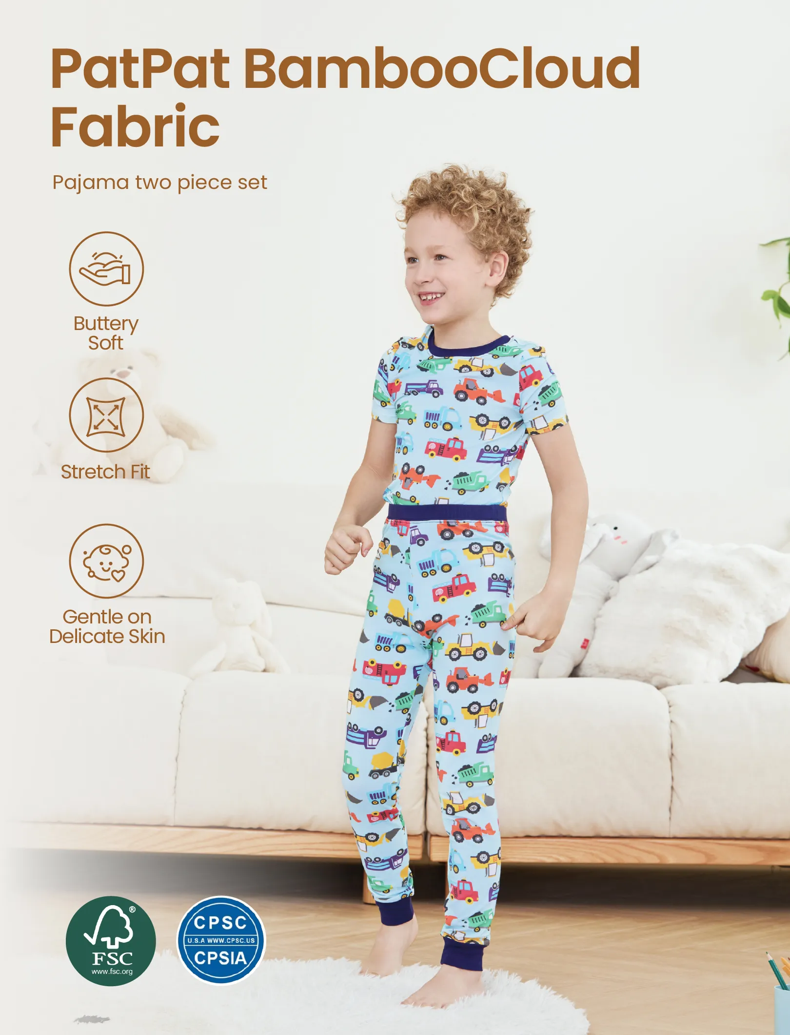 Toddler / Kids Christmas / Halloween Pajamas 3-Piece Bamboo Pajama Set 2-in-1 Look for 4 Seasons (Snug-Fitting) Light Blue - Image 4