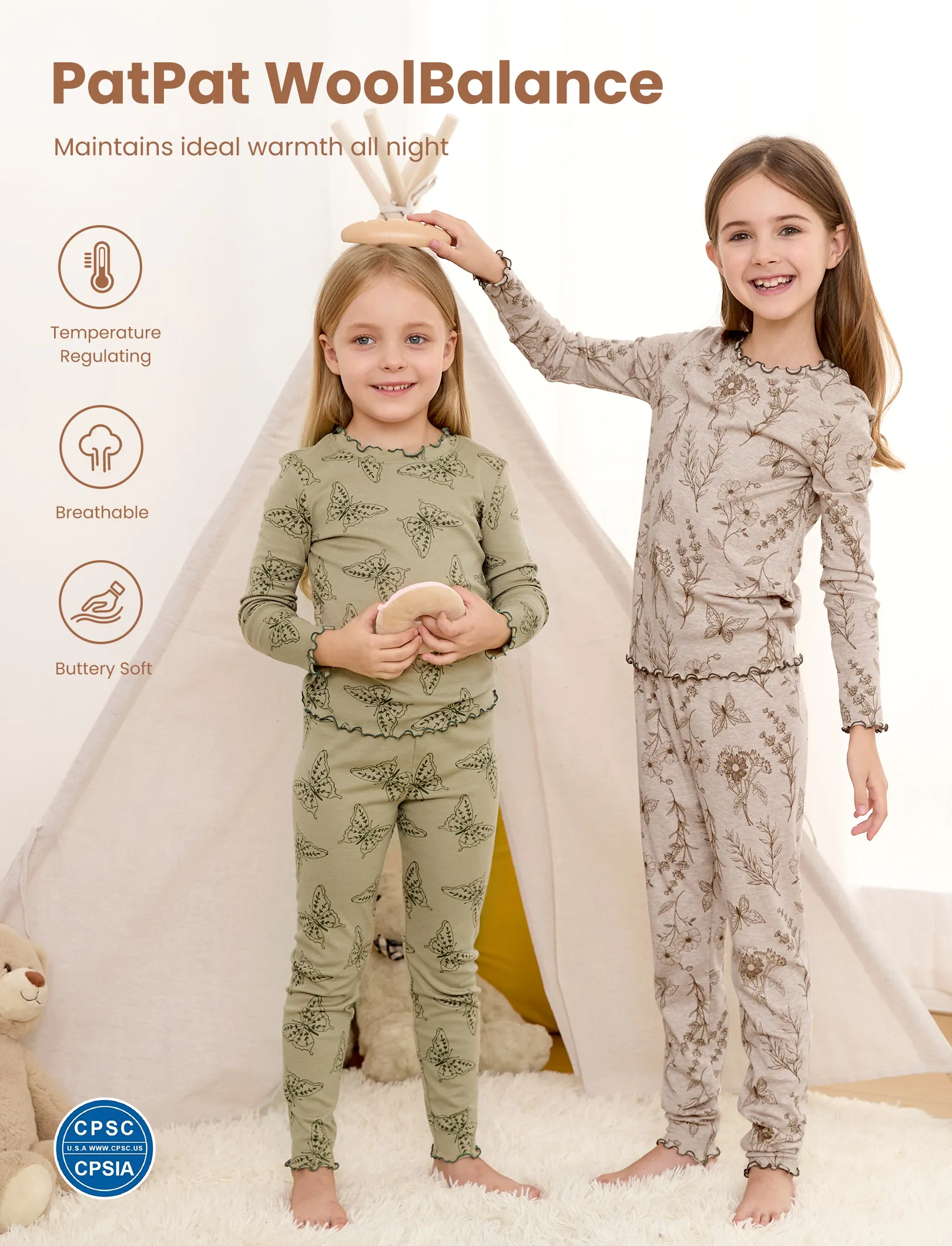 Toddler / Kids Pajamas 2-piece Pajama Set with Soft Tencel Lyocell Wool Blend (Snug-Fitting ) Apricot - Image 2
