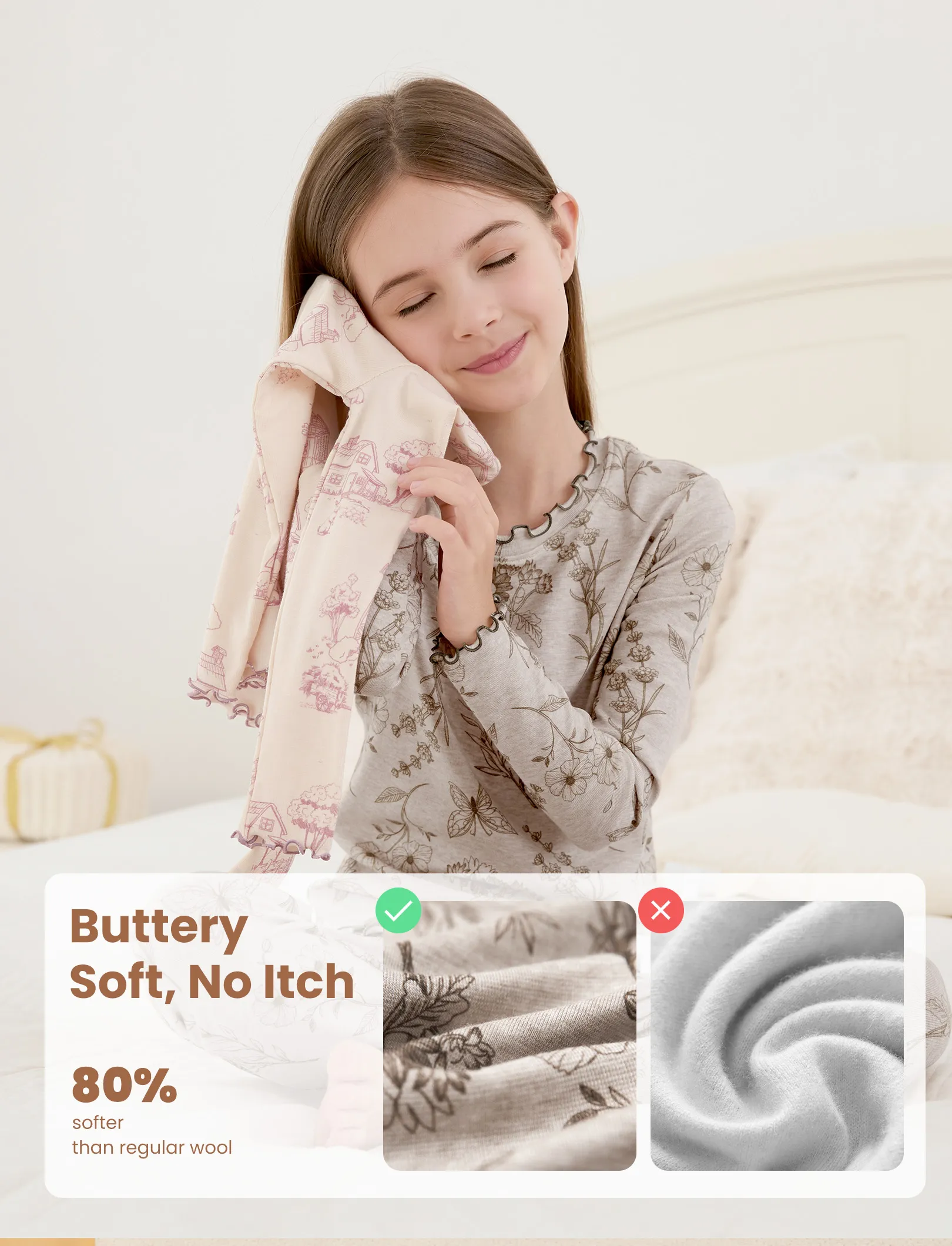 Toddler / Kids Pajamas 2-piece Pajama Set with Soft Tencel Lyocell Wool Blend (Snug-Fitting ) Apricot - Image 3