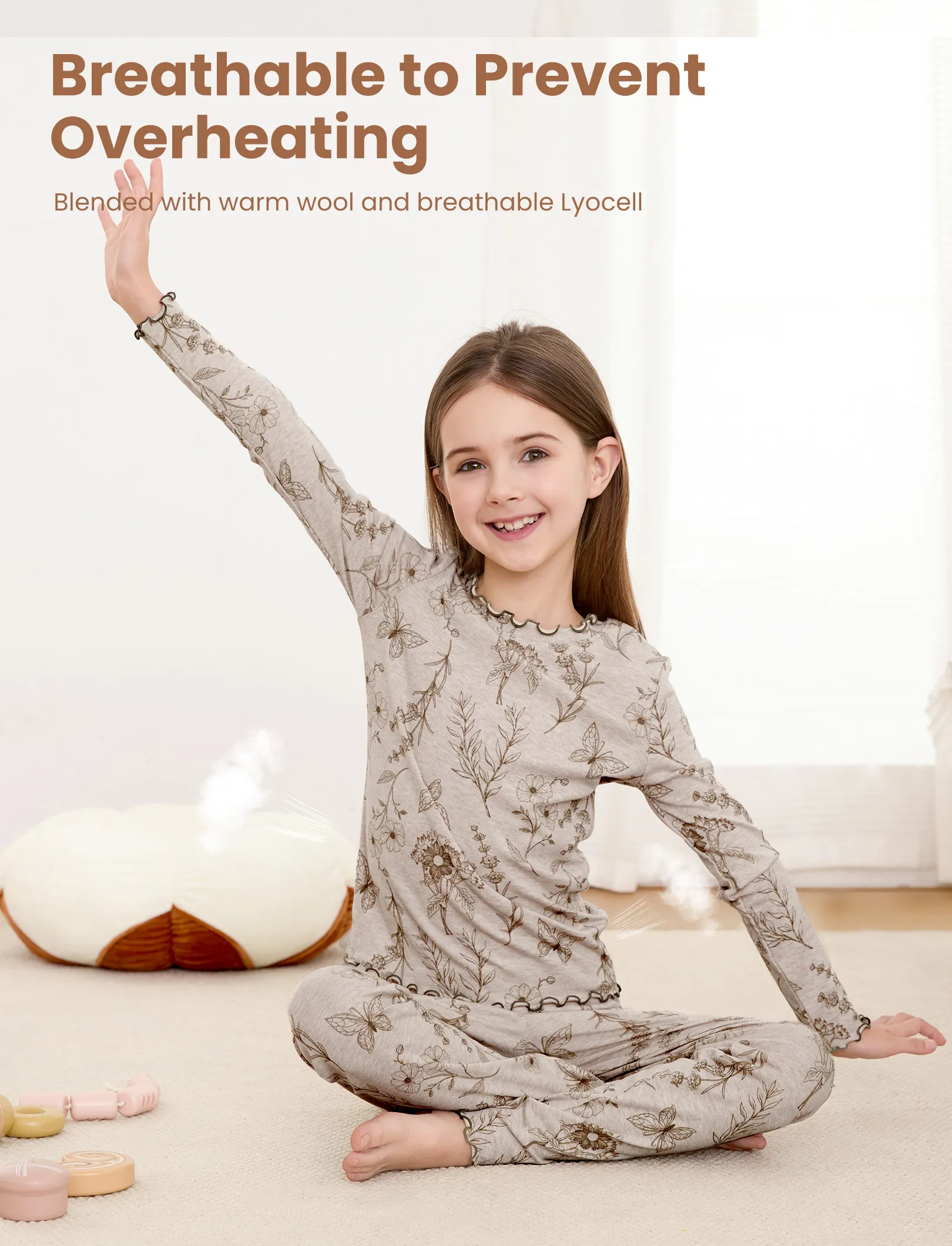 Toddler / Kids Pajamas 2-piece Pajama Set with Soft Tencel Lyocell Wool Blend (Snug-Fitting ) Apricot - Image 4