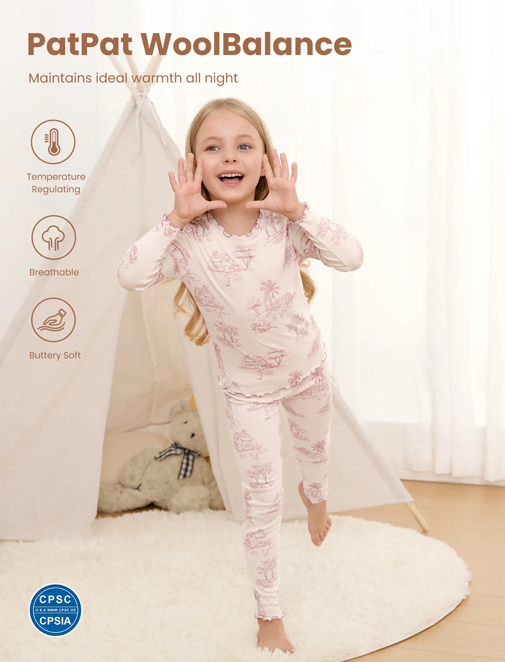 Toddler / Kids Pajamas 2-piece Pajama Set with Soft Tencel Lyocell Wool Blend (Snug-Fitting ) Light Pink - Image 2