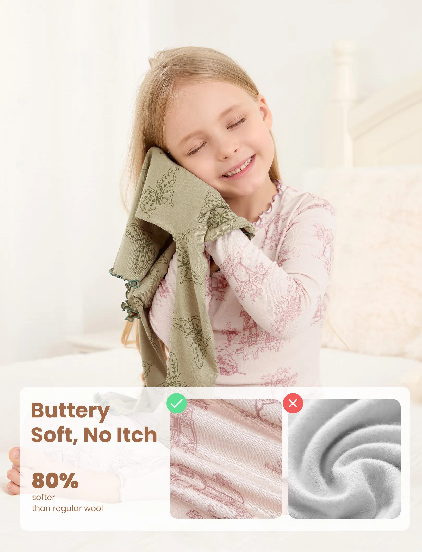 Toddler / Kids Pajamas 2-piece Pajama Set with Soft Tencel Lyocell Wool Blend (Snug-Fitting ) Light Pink - Image 3
