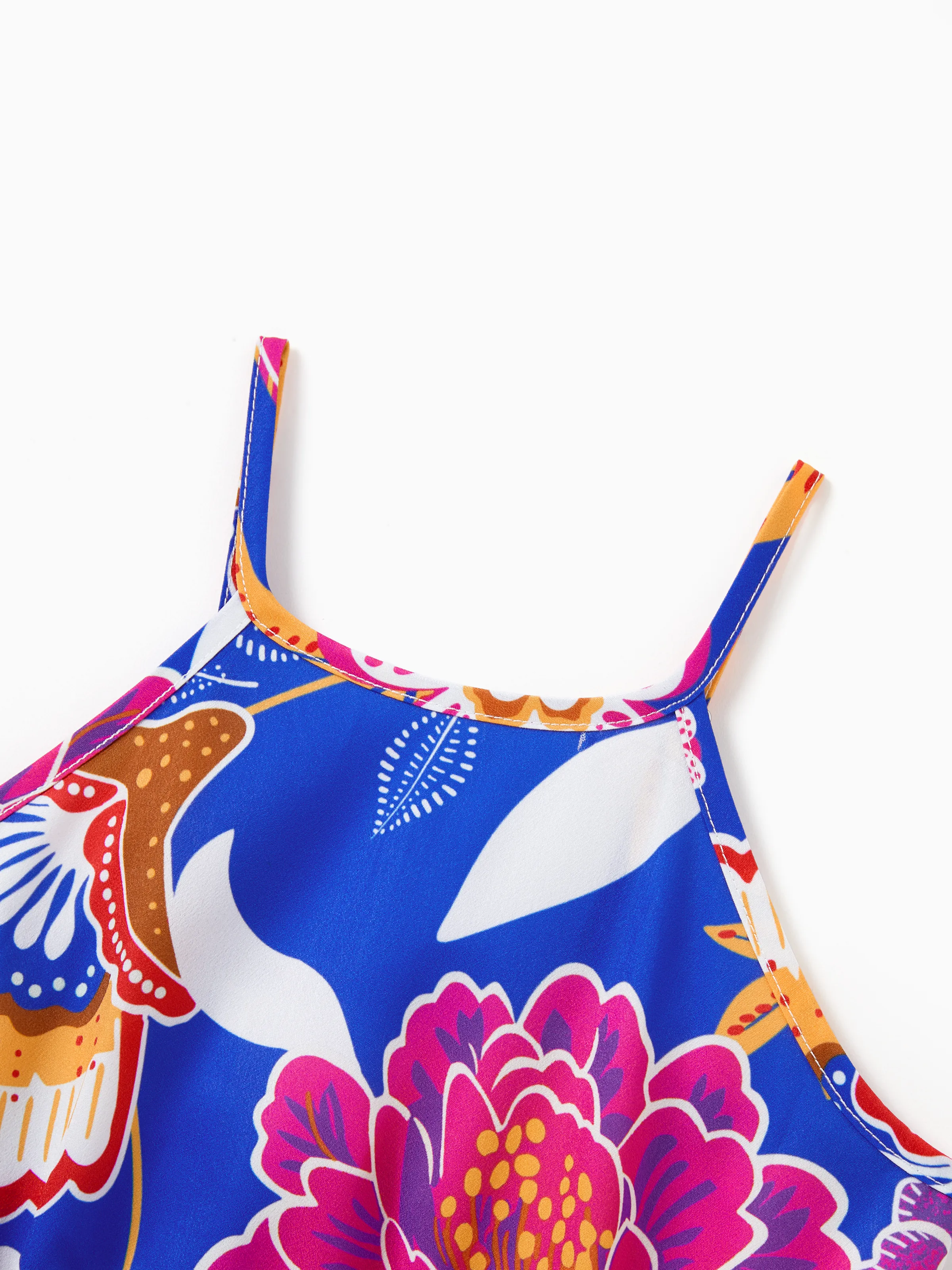 Toddler/Kid Girl Hawaiian Outfits Tropical Floral Print Vacation Clothes Strap Belted Dress Summer Beachwear Set Navy - Image 5
