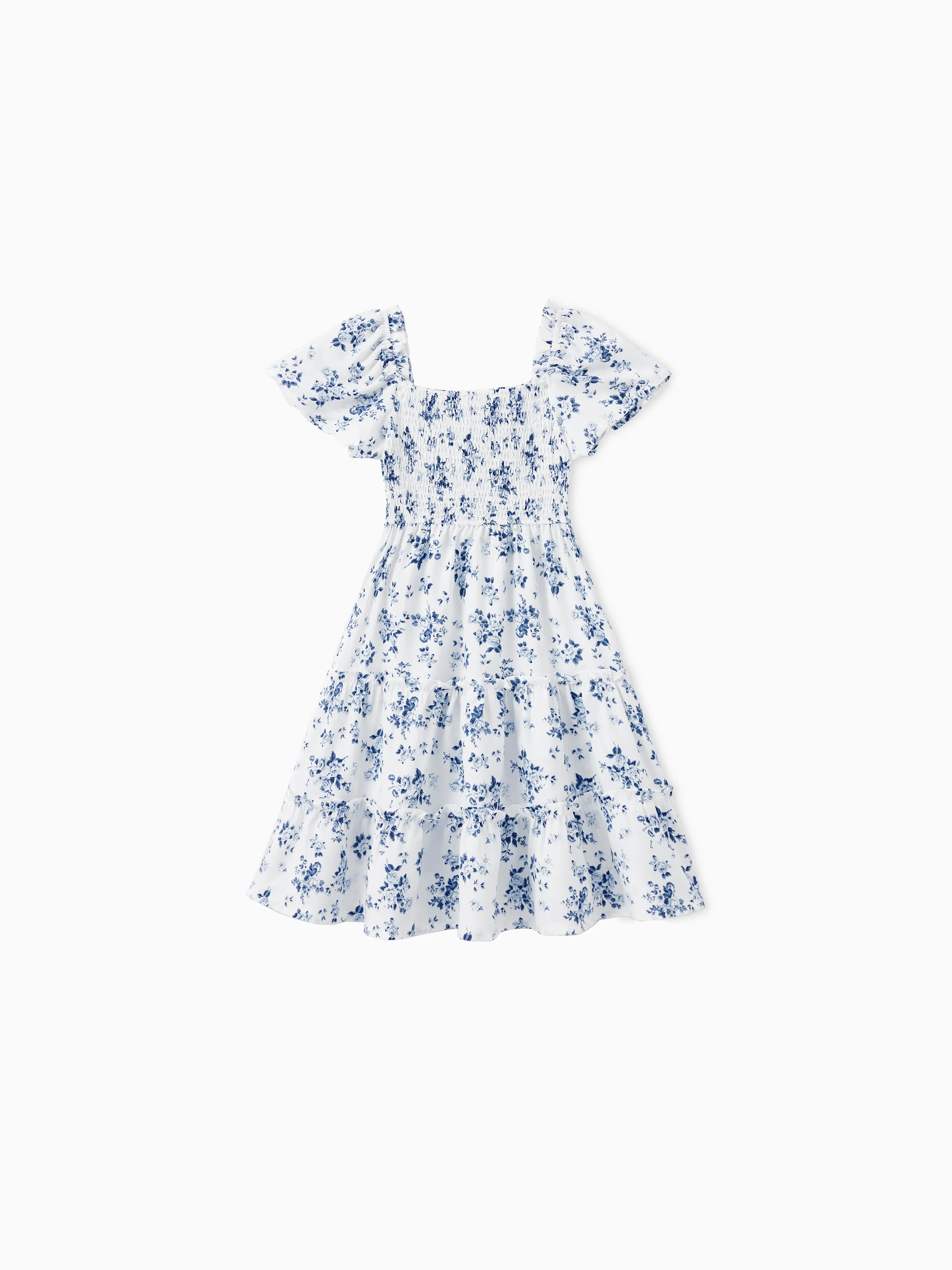 Toddler/Kid Girl Floral Smocking Shirred Casual Dress BLUEWHITE - Image 2