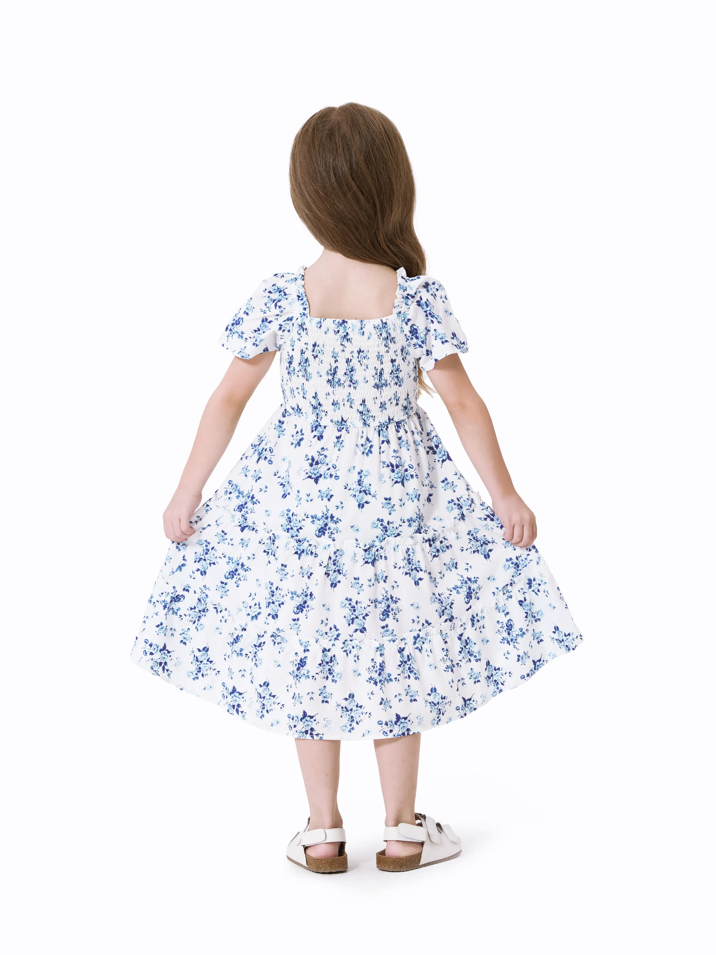 Toddler/Kid Girl Floral Smocking Shirred Casual Dress BLUEWHITE - Image 3