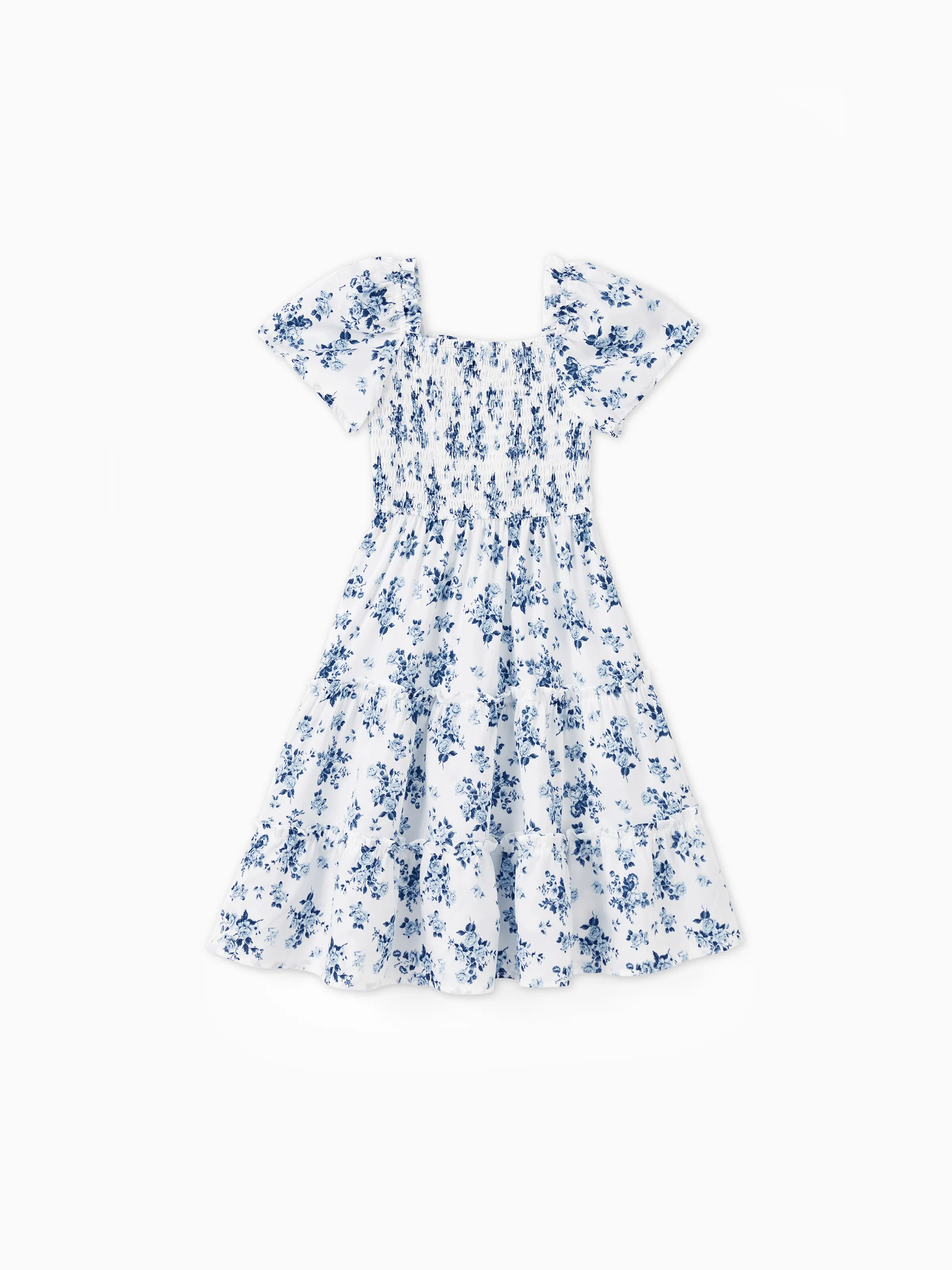 Toddler/Kid Girl Floral Smocking Shirred Casual Dress BLUEWHITE - Image 5