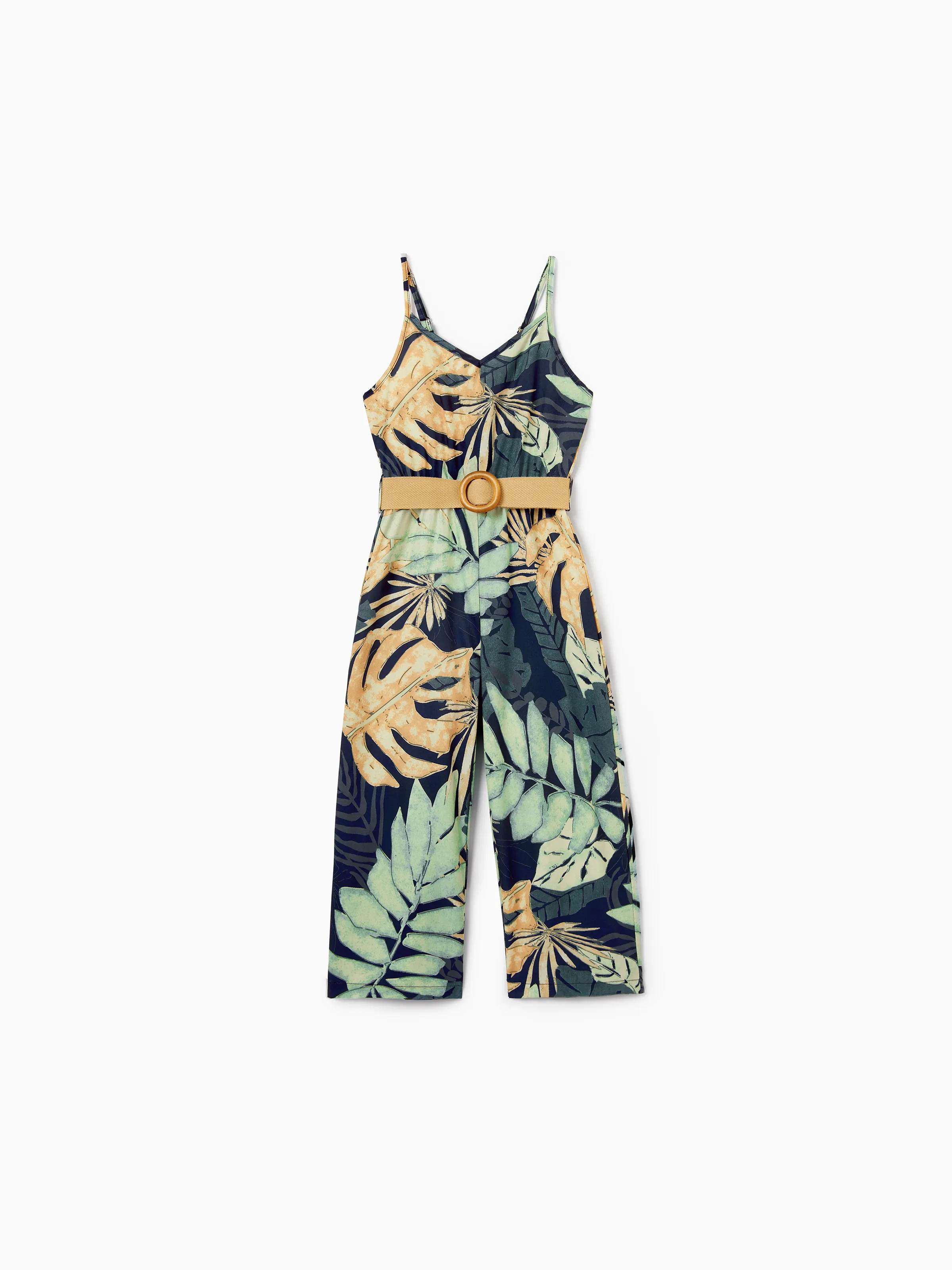 Toddler/Kid Girl Tropical Leaf Print Jumpsuit for Summer Beach Vacation Tibetan Blue - Image 2