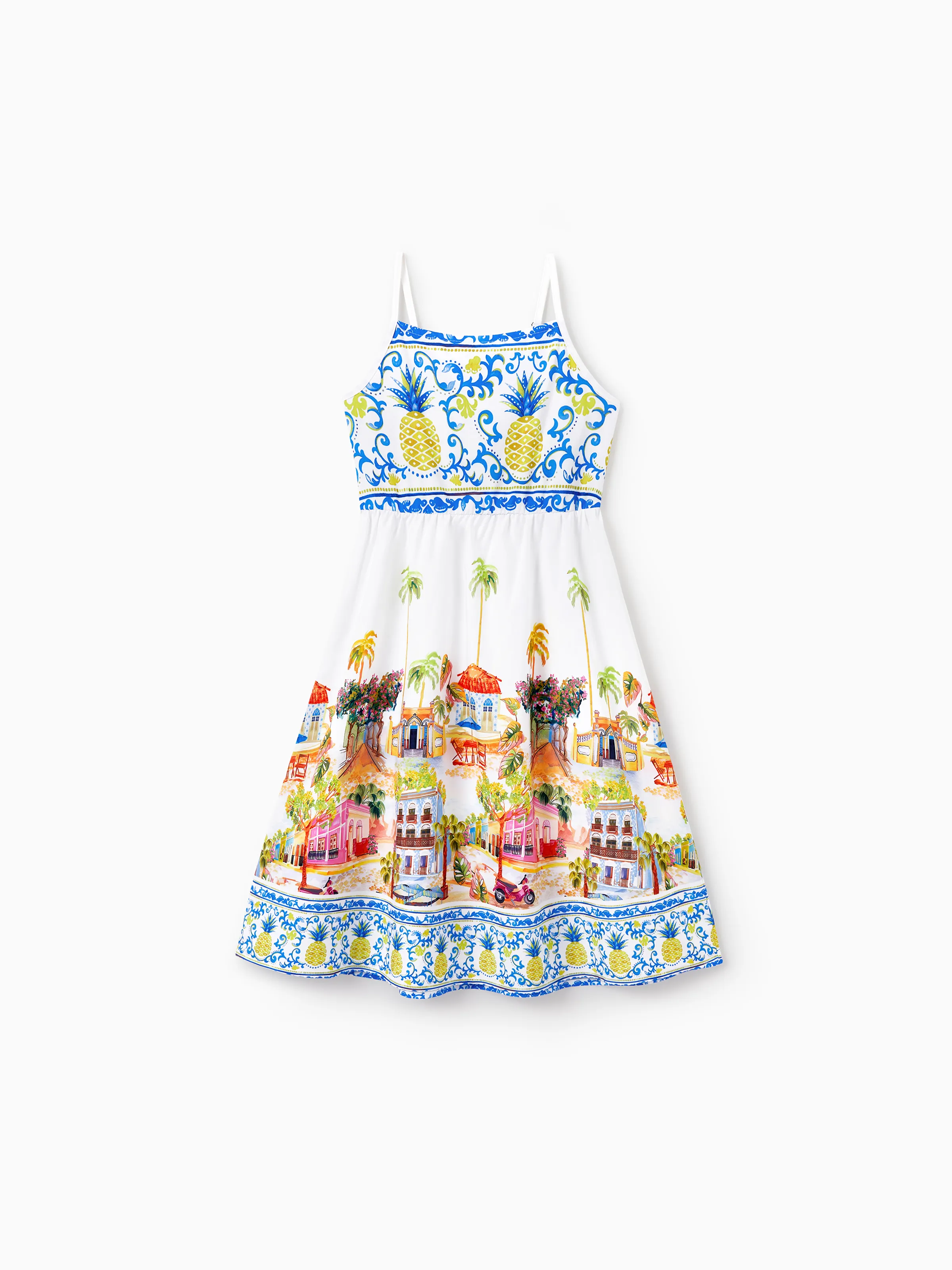 Toddler/Kid Girl Vacation Tropical Pineapple Coconut Tree Print Hollow out Strap Dress for Summer Vacation  White - Image 2