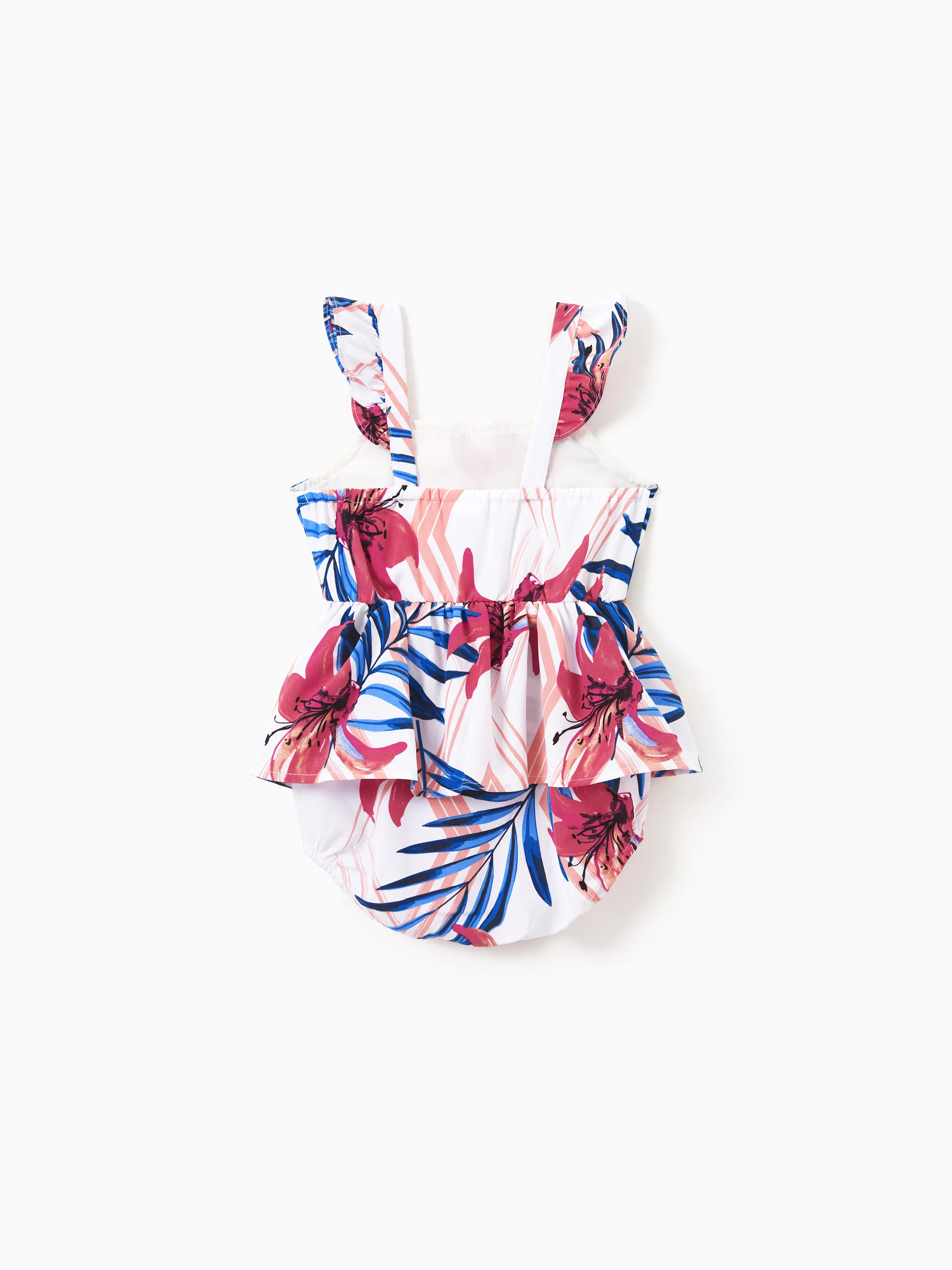 Daddy & Daughter Tropical Floral Outfits Pink Blue Leaf Print Short-sleeve Shirt or One Shoulder Smocked top and Skirt Co-ord Set for Vacation, Cruise, Beach White - Image 14