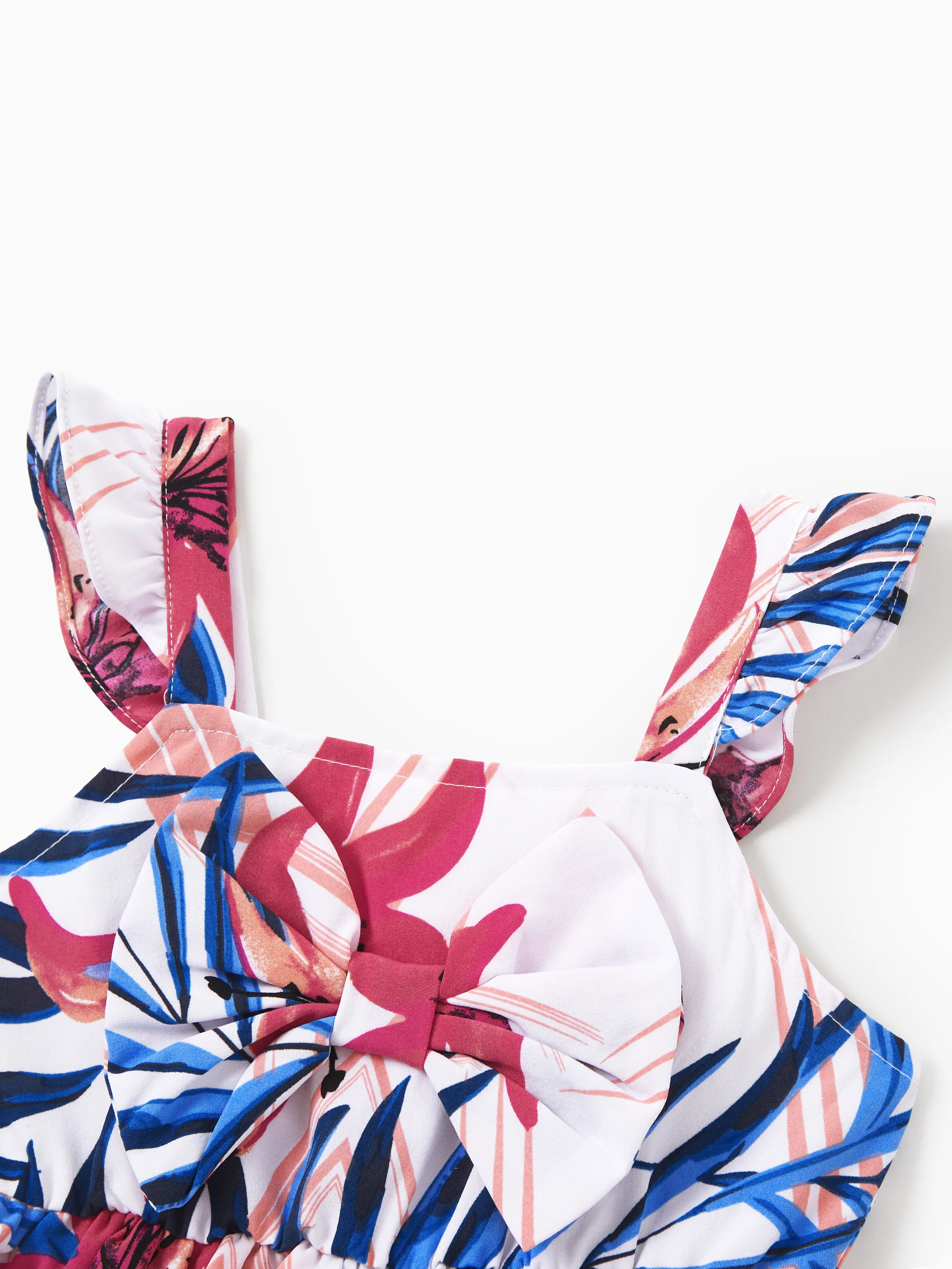 Daddy & Daughter Tropical Floral Outfits Pink Blue Leaf Print Short-sleeve Shirt or One Shoulder Smocked top and Skirt Co-ord Set for Vacation, Cruise, Beach White - Image 17