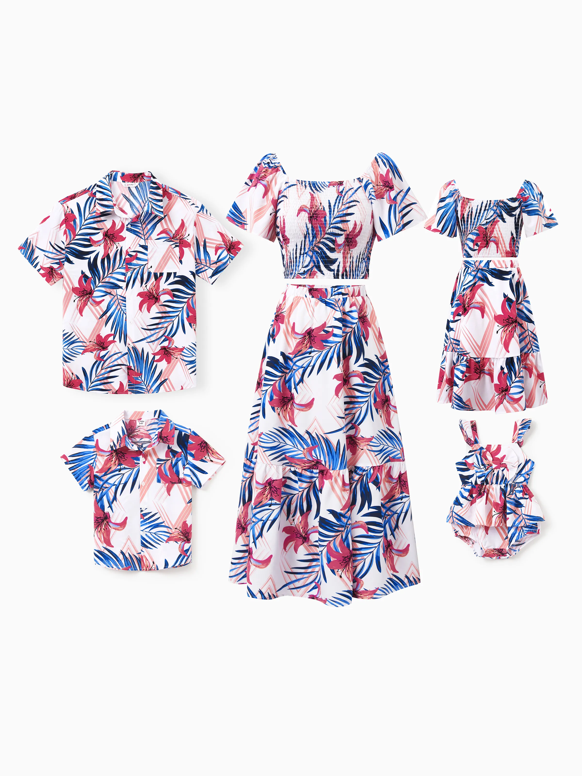 Daddy & Daughter Tropical Floral Outfits Pink Blue Leaf Print Short-sleeve Shirt or One Shoulder Smocked top and Skirt Co-ord Set for Vacation, Cruise, Beach White - Image 2