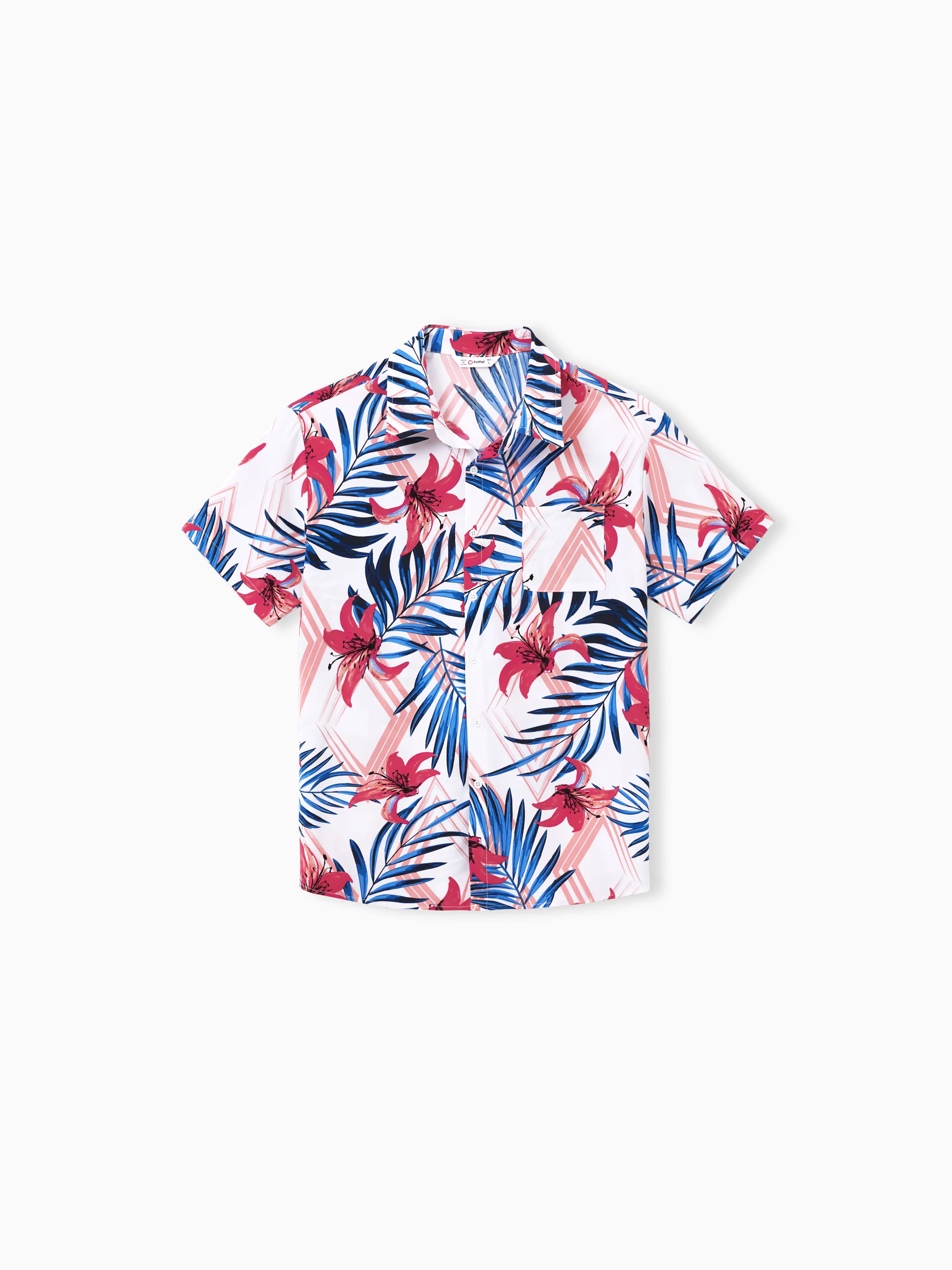 Daddy & Daughter Tropical Floral Outfits Pink Blue Leaf Print Short-sleeve Shirt or One Shoulder Smocked top and Skirt Co-ord Set for Vacation, Cruise, Beach White - Image 3