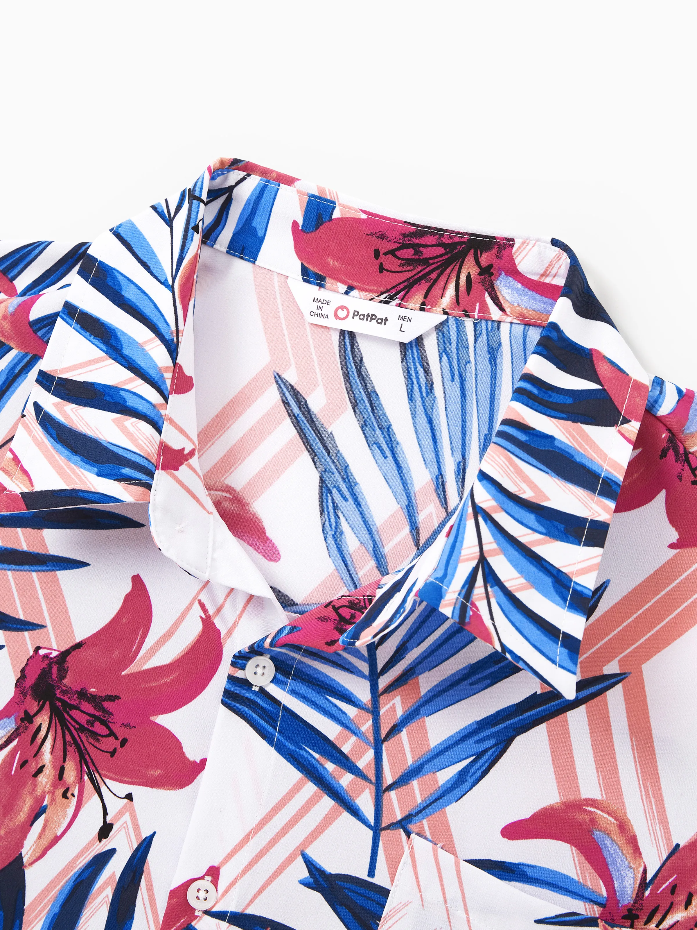 Daddy & Daughter Tropical Floral Outfits Pink Blue Leaf Print Short-sleeve Shirt or One Shoulder Smocked top and Skirt Co-ord Set for Vacation, Cruise, Beach White - Image 5