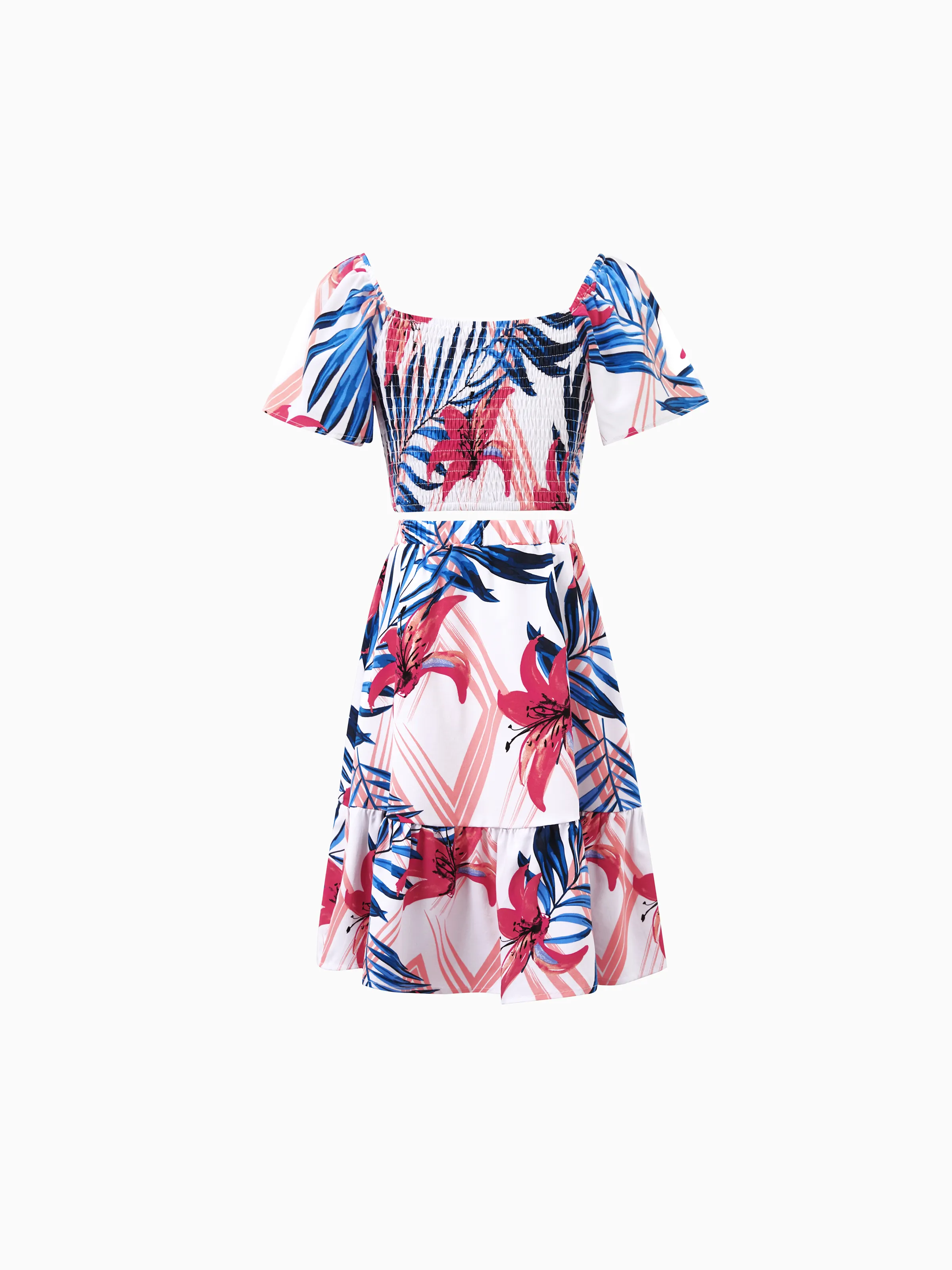 Daddy & Daughter Tropical Floral Outfits Pink Blue Leaf Print Short-sleeve Shirt or One Shoulder Smocked top and Skirt Co-ord Set for Vacation, Cruise, Beach White - Image 8