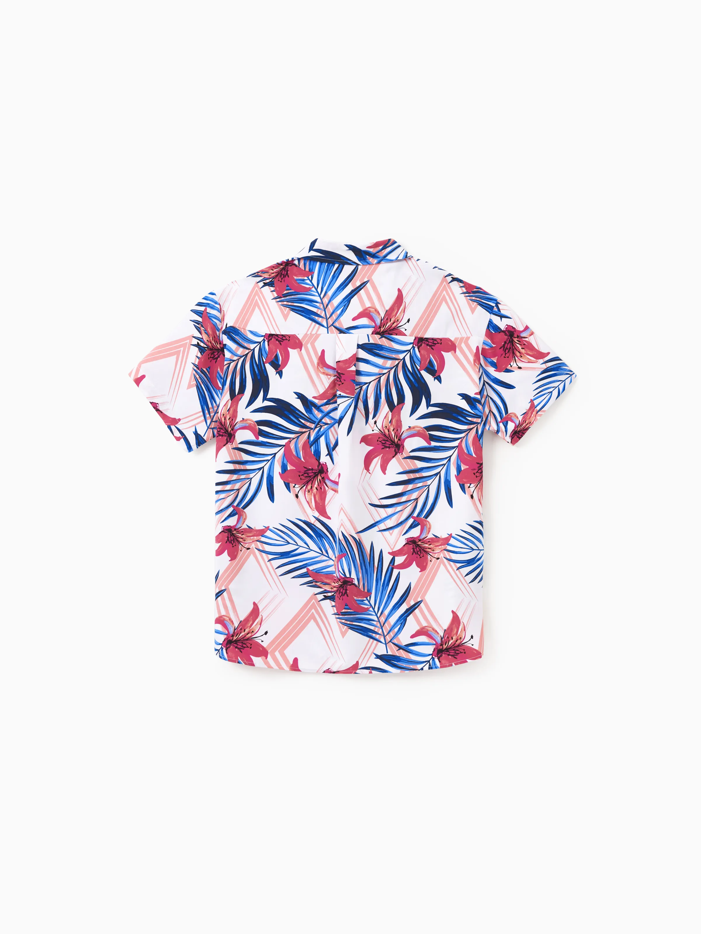 Daddy & Son Tropical Floral Outfits Pink Blue Leaf Print Short-sleeve Shirt Set for Vacation, Cruise, Beach White - Image 4