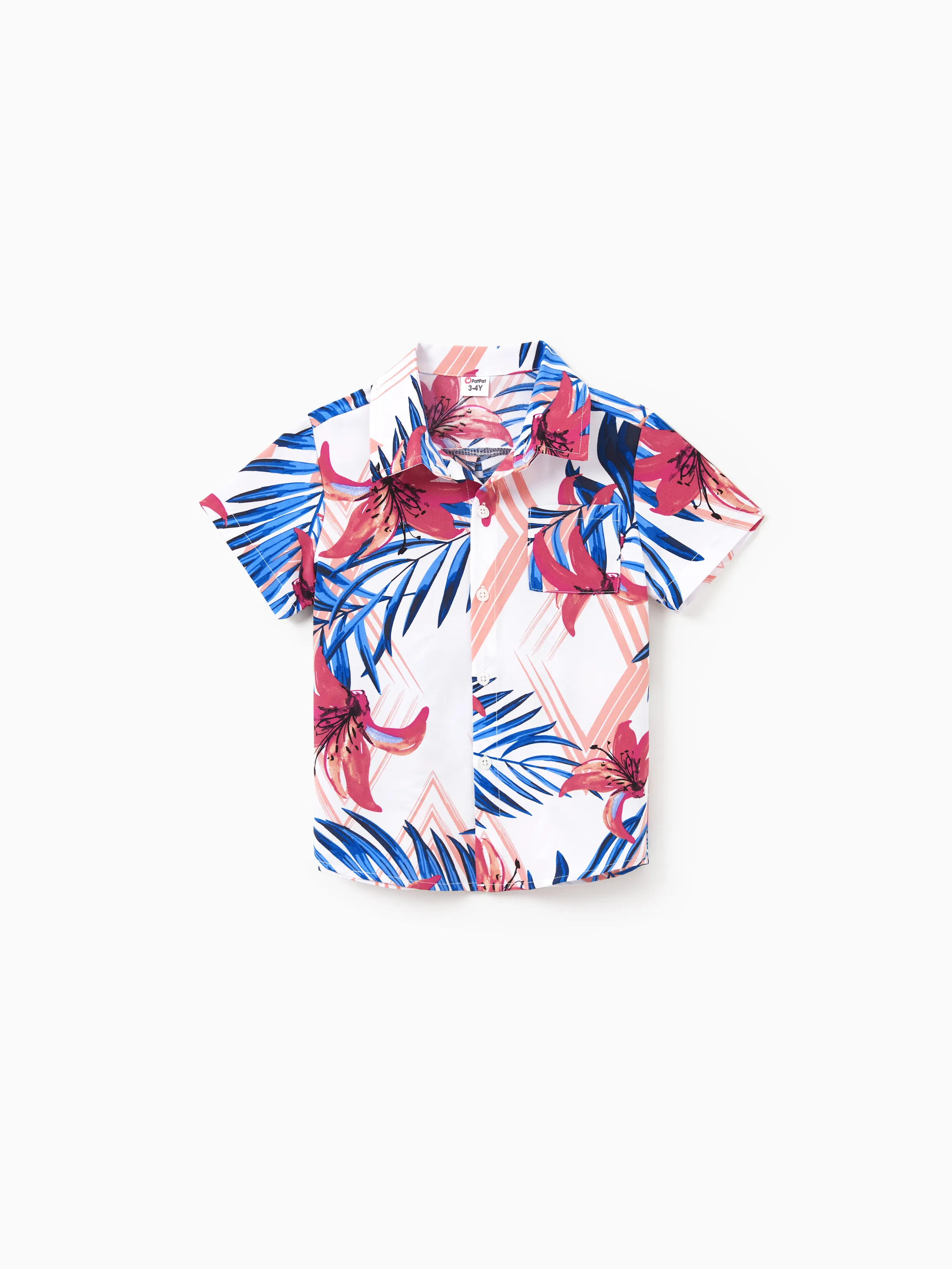 Daddy & Son Tropical Floral Outfits Pink Blue Leaf Print Short-sleeve Shirt Set for Vacation, Cruise, Beach White - Image 8