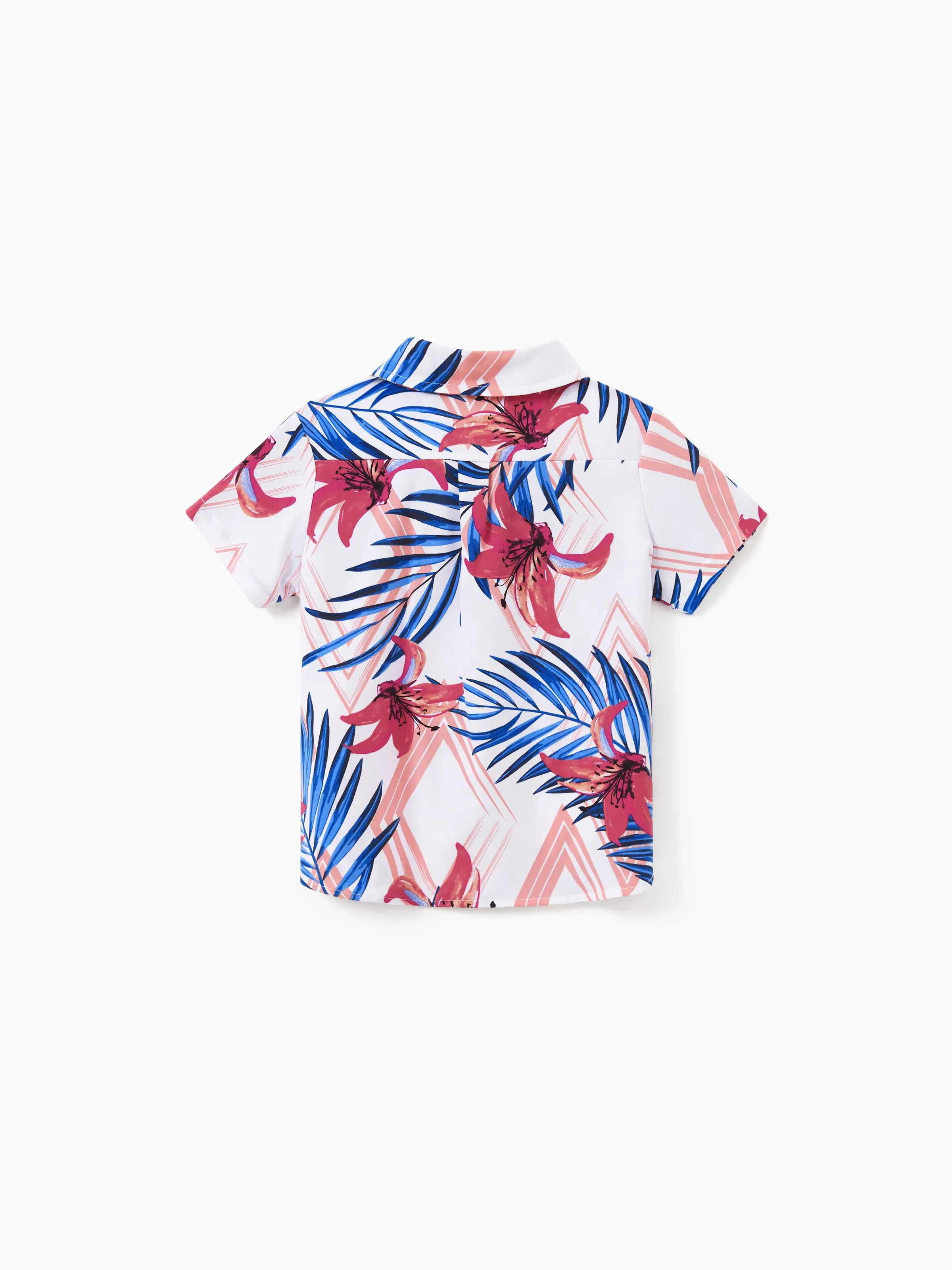 Daddy & Son Tropical Floral Outfits Pink Blue Leaf Print Short-sleeve Shirt Set for Vacation, Cruise, Beach White - Image 9