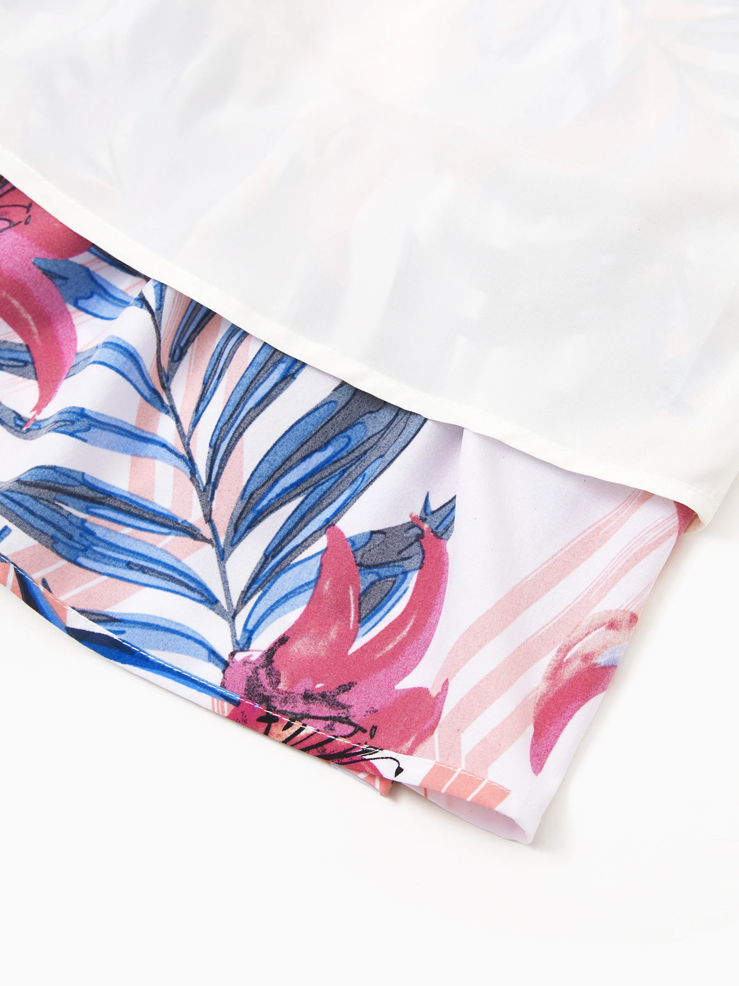 Mommy & me Tropical Floral Outfits Pink Blue Leaf Print Short-sleeve Shirt or One Shoulder Smocked top and Skirt Co-ord Set for Vacation, Cruise, Beach White - Image 10