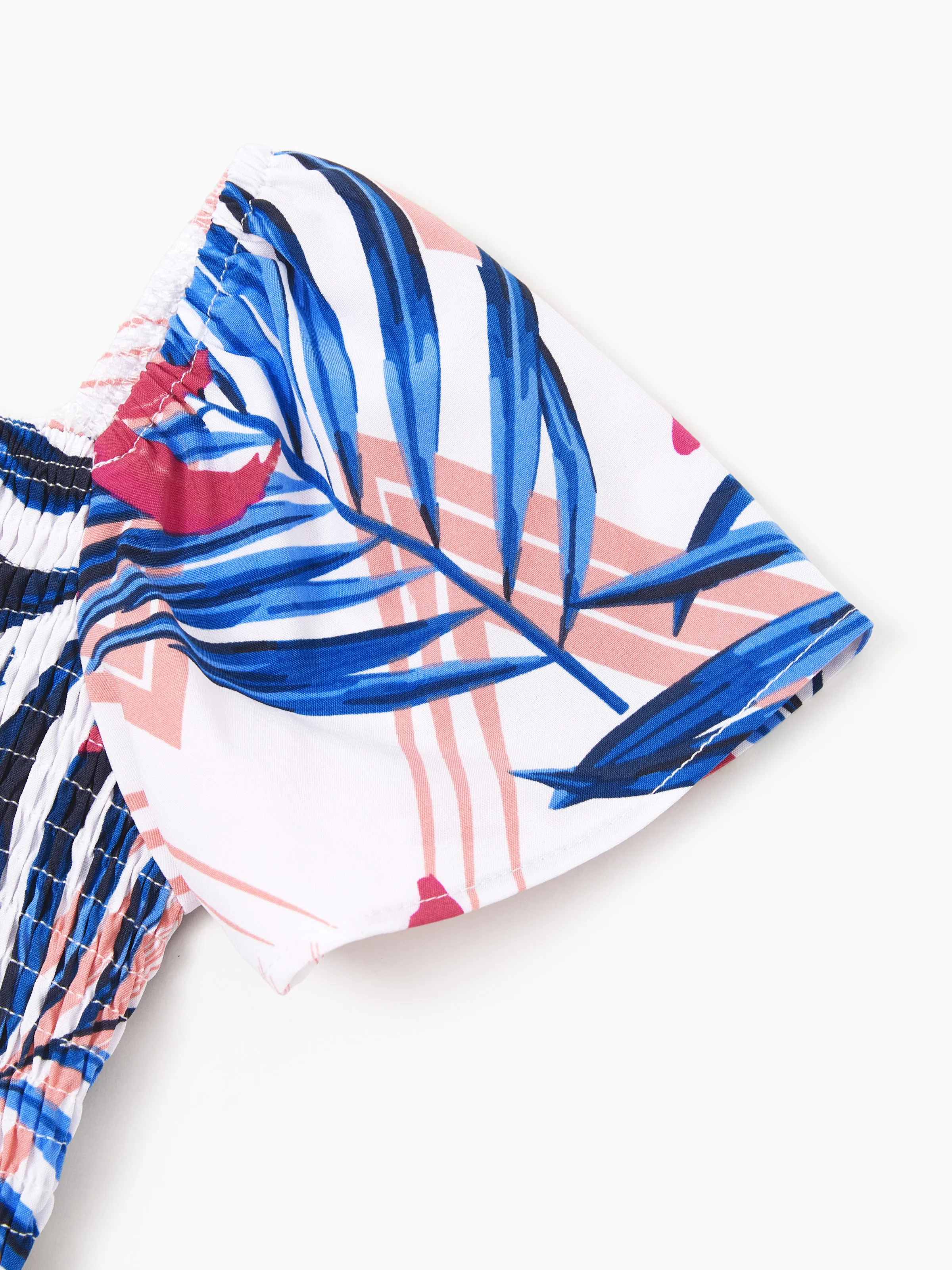 Mommy & me Tropical Floral Outfits Pink Blue Leaf Print Short-sleeve Shirt or One Shoulder Smocked top and Skirt Co-ord Set for Vacation, Cruise, Beach White - Image 12