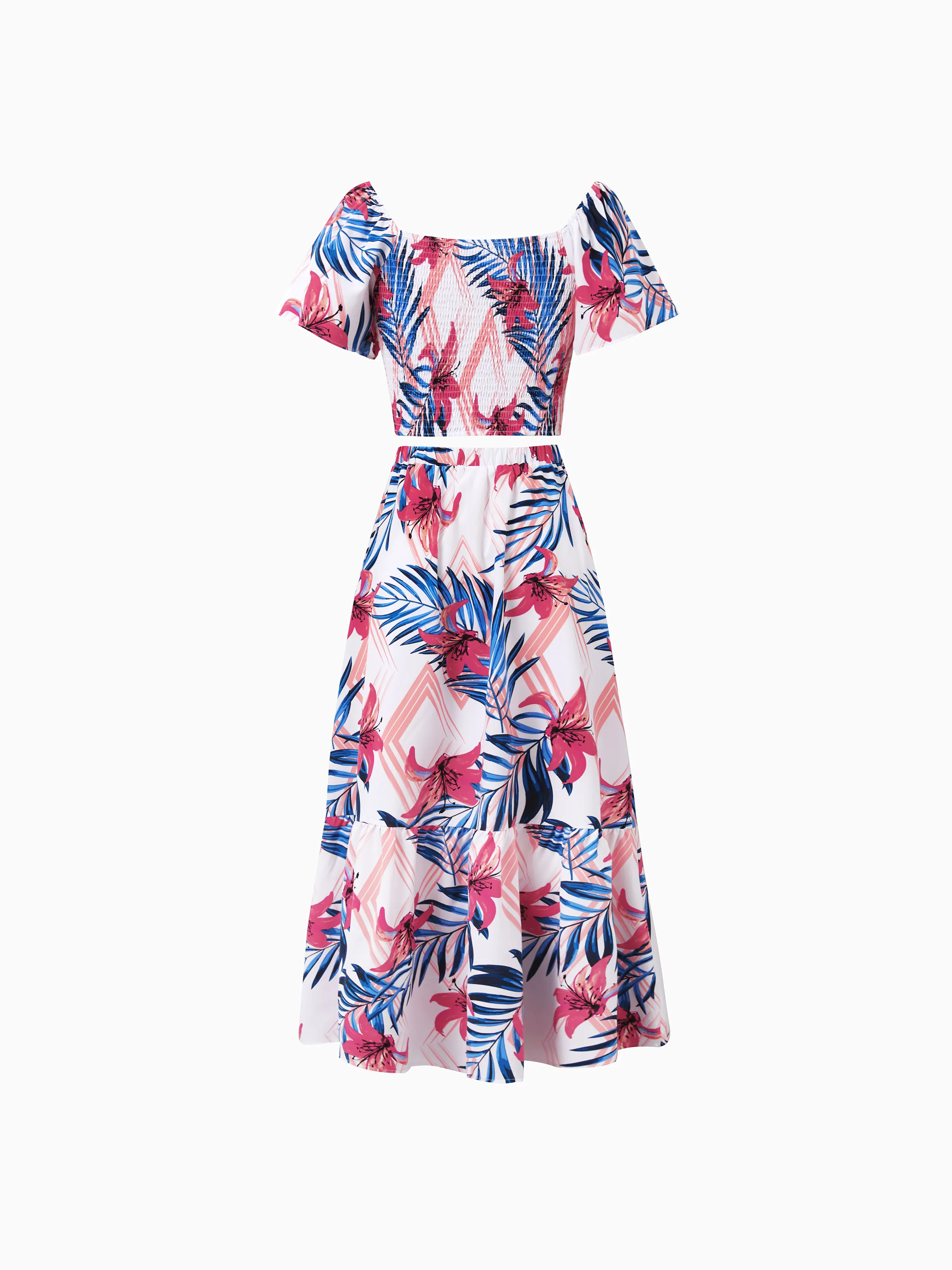 Mommy & me Tropical Floral Outfits Pink Blue Leaf Print Short-sleeve Shirt or One Shoulder Smocked top and Skirt Co-ord Set for Vacation, Cruise, Beach White - Image 4