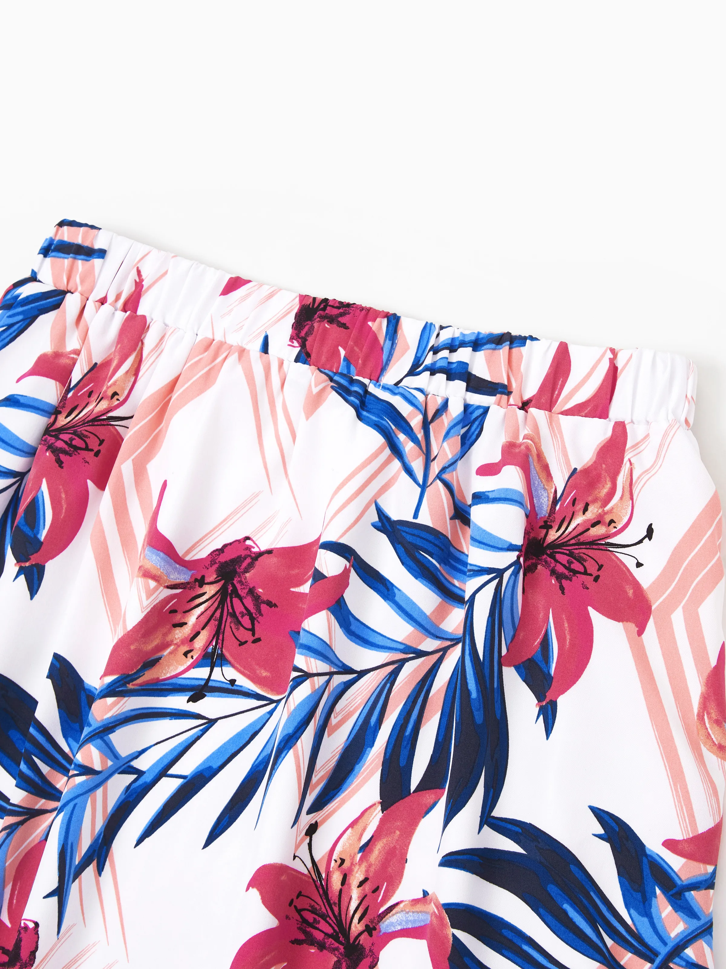 Mommy & me Tropical Floral Outfits Pink Blue Leaf Print Short-sleeve Shirt or One Shoulder Smocked top and Skirt Co-ord Set for Vacation, Cruise, Beach White - Image 6
