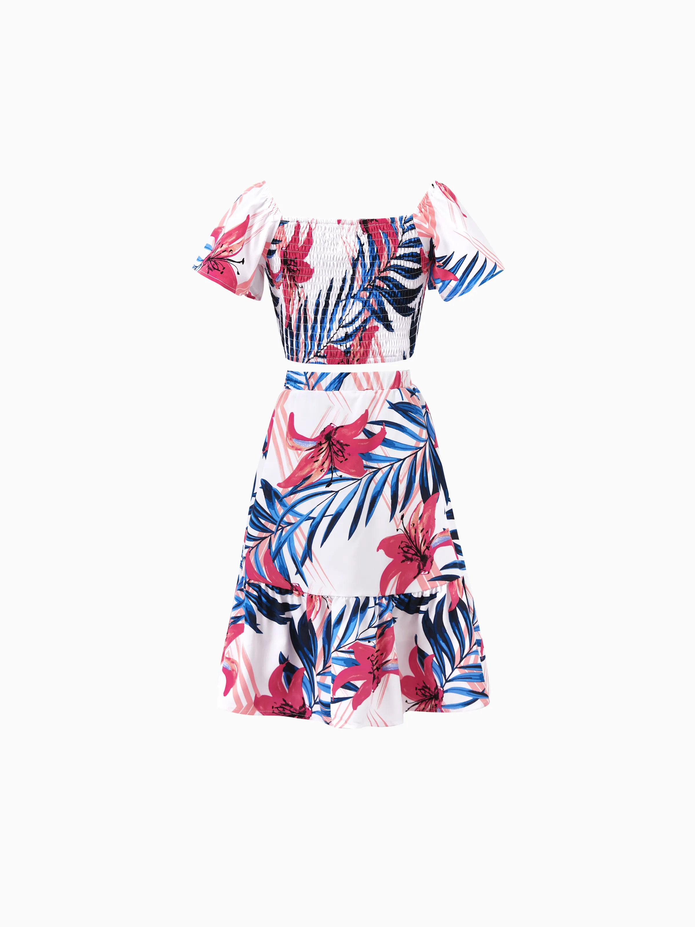 Mommy & me Tropical Floral Outfits Pink Blue Leaf Print Short-sleeve Shirt or One Shoulder Smocked top and Skirt Co-ord Set for Vacation, Cruise, Beach White - Image 9